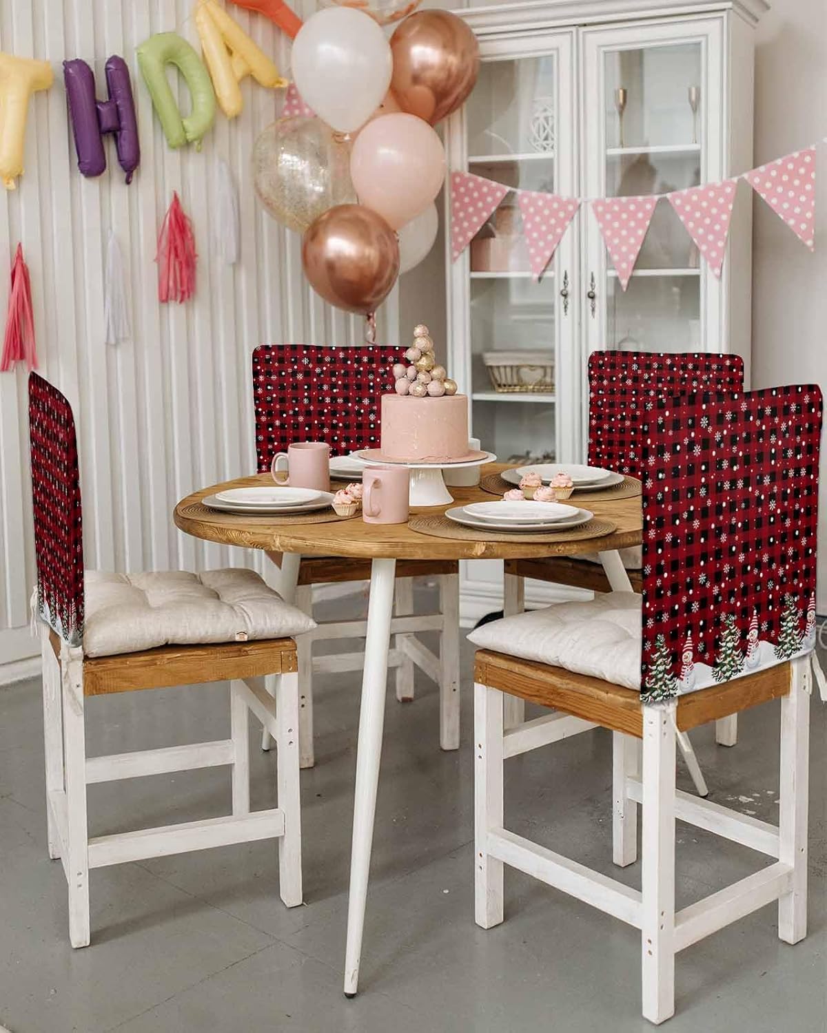 Red Plaid Christmas Chair Covers Set of 4 for Dining Room, Snowflake Snowman Chair Back Cover, Xmas Tree Rustic Checkered Removable Kitchen Chairs Slipcovers Seat Protector for Party Christmas Decor