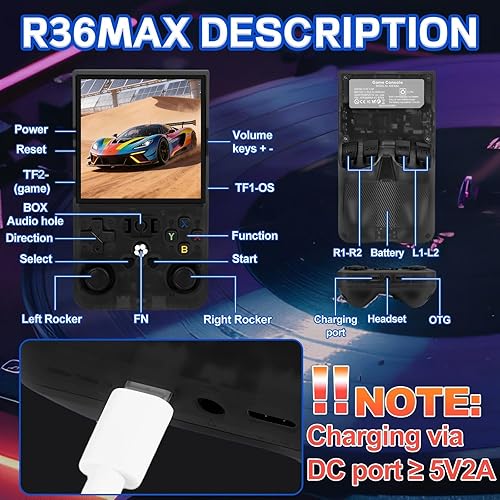 Miniatura 8 de R36MAX - Consola de juegos portátil – Compatible con más de 22000 juegos clásicos, tarjeta TF de 128 G, consola portátil con pantalla de 4.0 negro,