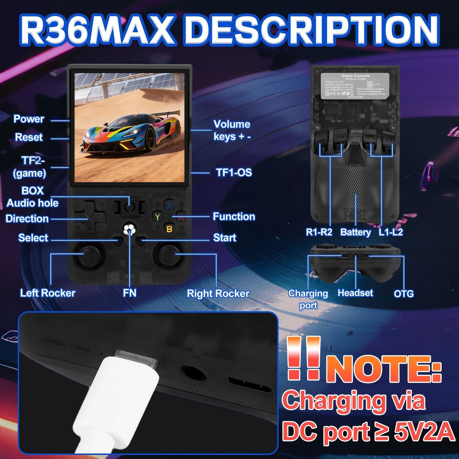 R36MAX Retro Video Game Console - Portable Console with 4.0-Inch HD Screen,128G TF Card,Support 22000+Classic Games,Open Source System,4000mAh Battery,Birthday Gift for Adults- Black — view 6