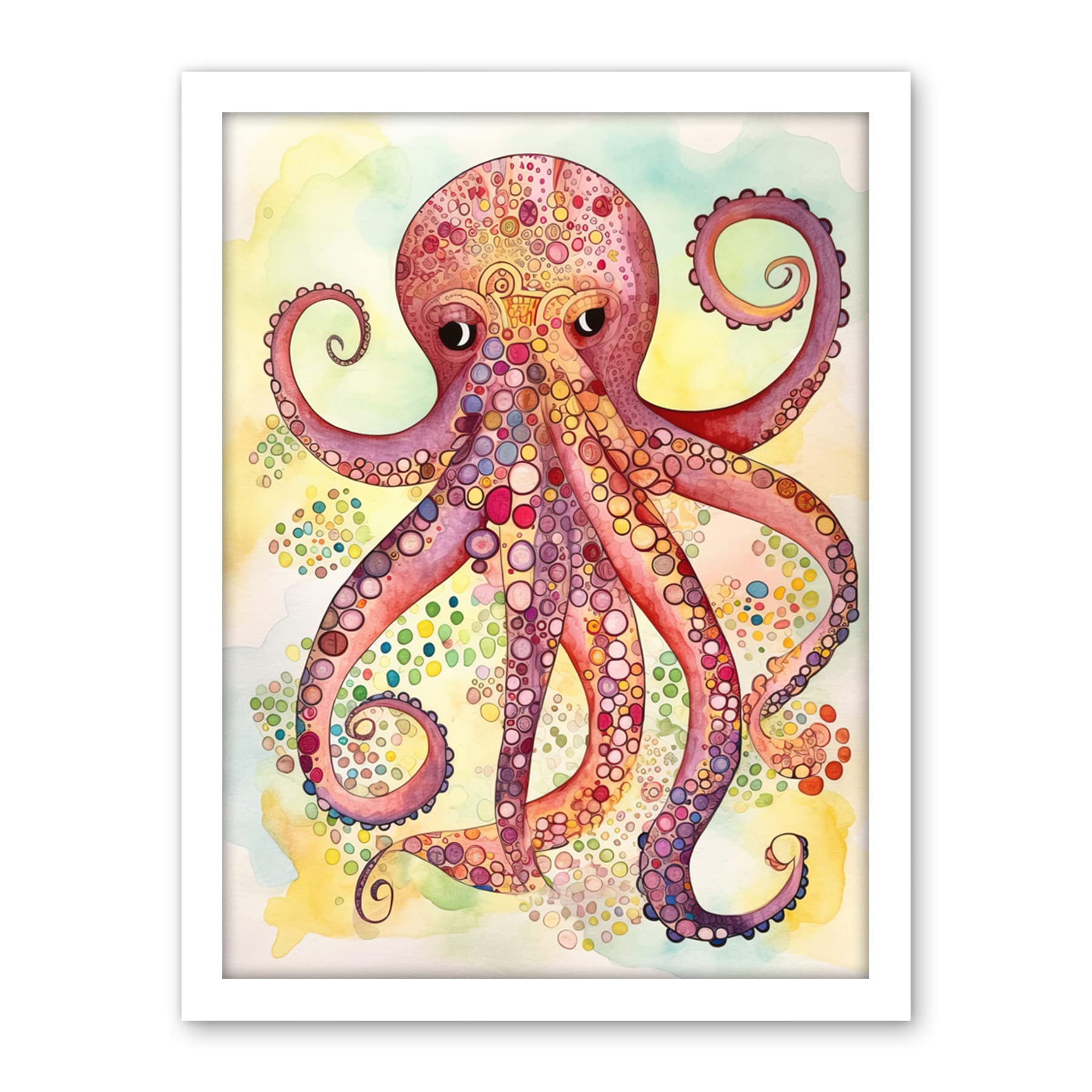 Artery8 Octopus Portrait Bright Folk Art Watercolour Painting Artwork Framed Wall Art Print 18X24 Inch