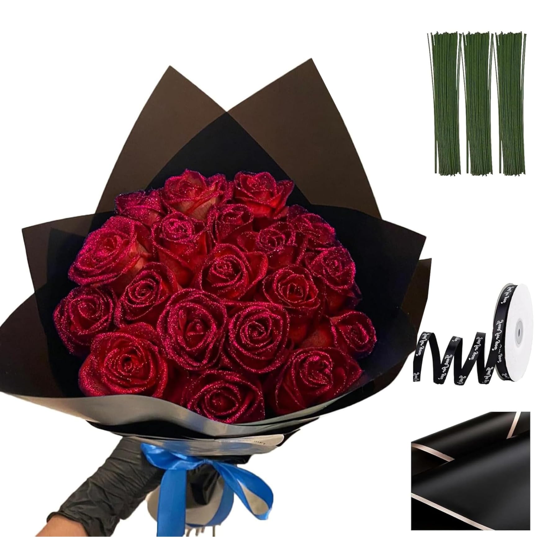 Bouquet de roses scintillantes 9,5 pouces fausses roses bricolage avec tige, rubans d'emballage et papier d'emballage