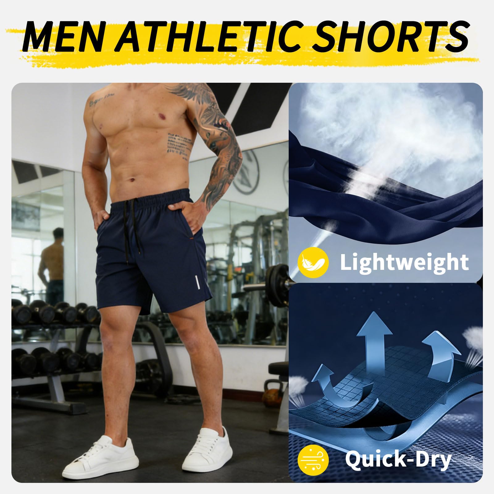 SHAGGA Paquete de 3 pantalones cortos de gimnasio para hombre, ligeros, de secado rápido, entrepierna corta, 7 con bolsillos con cremallera para correr, fitness y joggers - 5