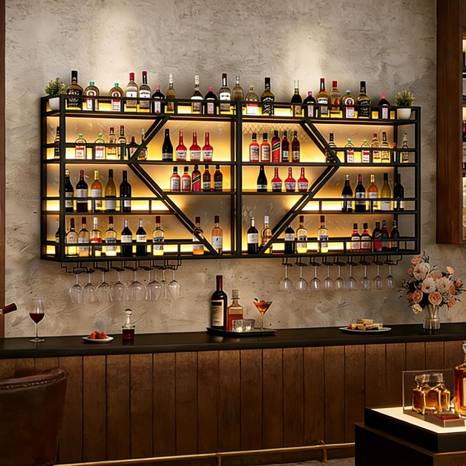 95in Large Wall Mounted Wine Rack, 4 Tier Metal Diamond Shaped Liquor Bottle Shelves Wine Glass Holder, Hanging Liquor Shelf Wall Mounted, for Home Bar Dining Room (4 Tiers Gold, 95 * 7.87 * 48.5IN)