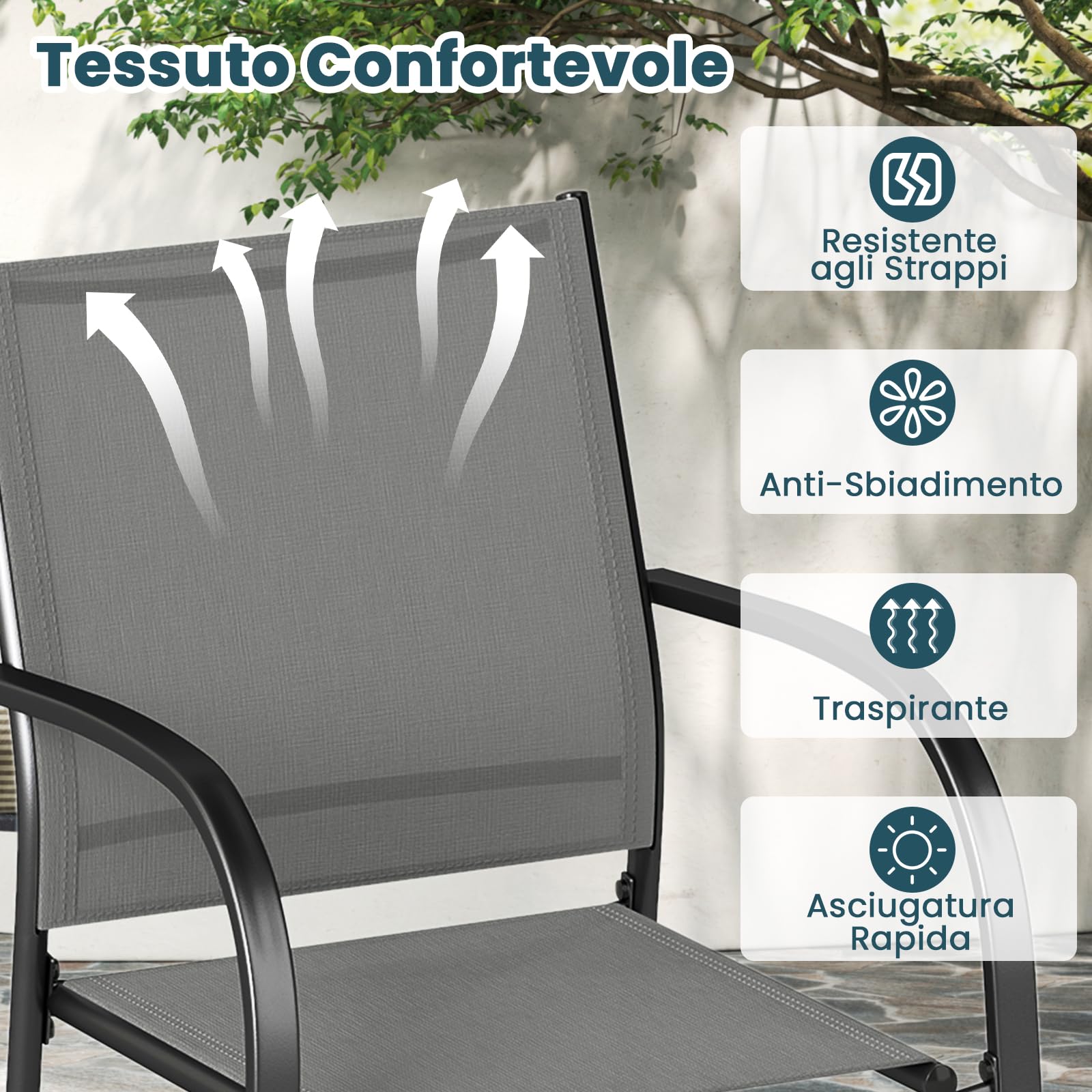 COSTWAY Set di 2 Sedie da Giardino Impilabili in Metallo | Poltrona da Esterno per Giardino Piscina Balcone, Seduta e Schienale Traspiranti, Portata 150 kg