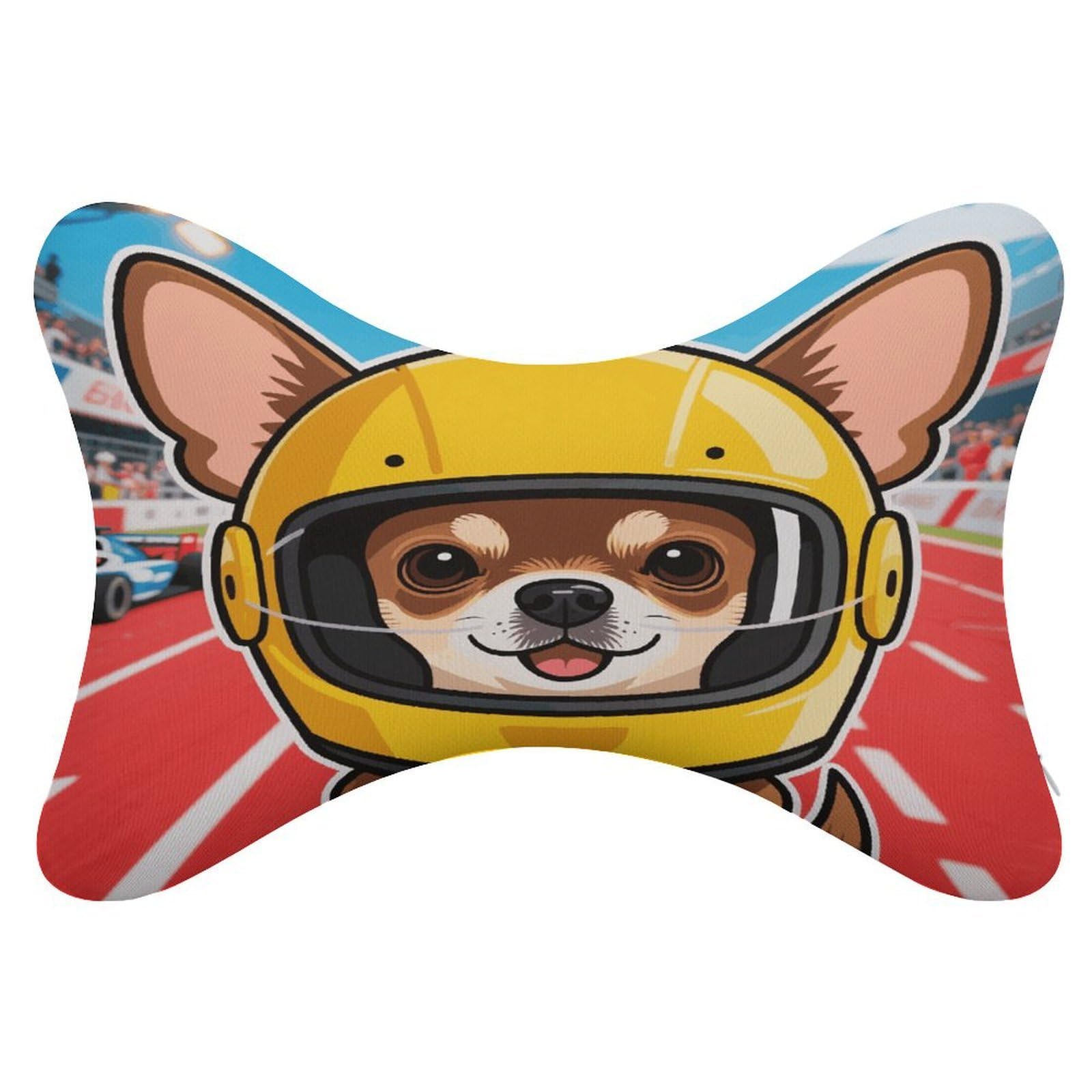 VstaDank Chihuahua on Track Car Pillow Soft Car Neck Pillow Breathable Dog Bone Shaped Travel Neck Pillows Washable Removable All-Season Universal Cars Head Rest Pillows