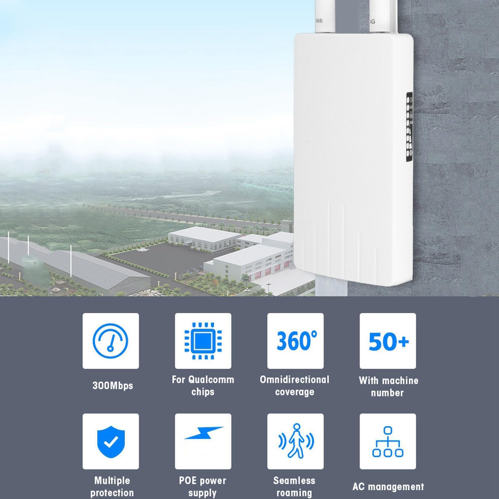 Routeur de Modem 4G LTE Extérieur débloqué avec Emplacement pour Carte SIM, Routeur WiFi de Carte SIM Extérieur étanche 4G LTE CPE Routeurs LTE 150 Mbps pour L'usine (Prise UE)