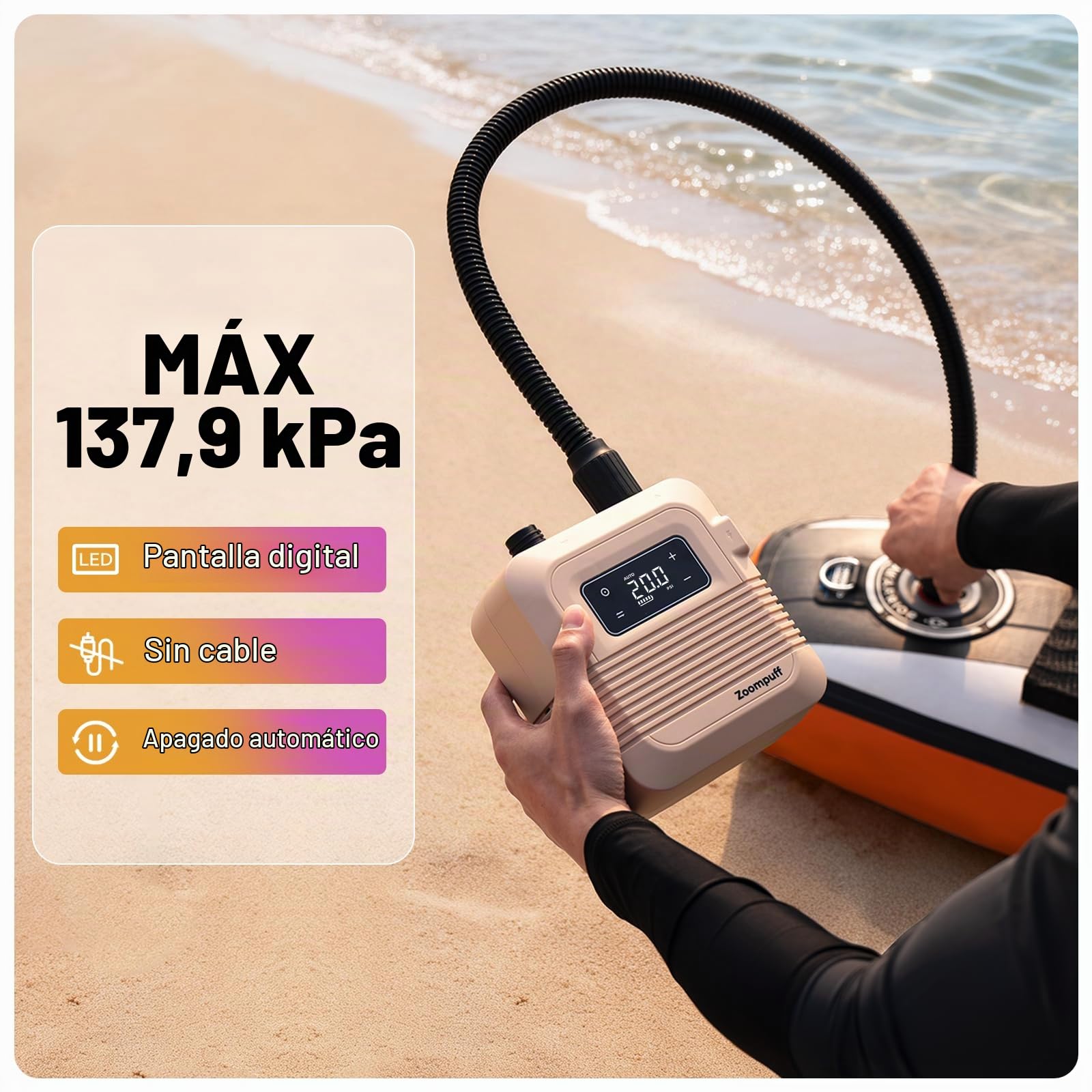 Bomba Sup eléctrica, Sup Recargable 20 PSI, inflado rápido | 5 min hasta 12 PSI, 1,14 kg ligera, Batería 38,48Wh, Inflado/desinflado doble etapa, 7 boquillas, SUP, barcos, kayaks