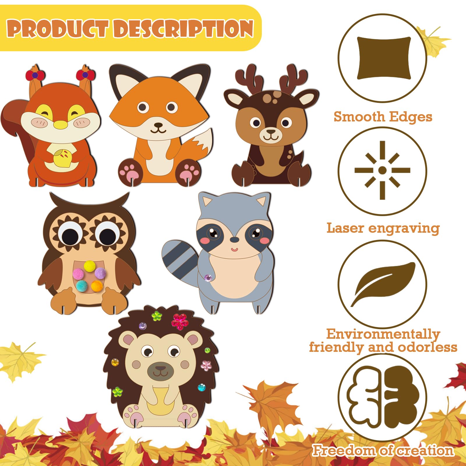 HILKKET Igel Bastelset für Kinder, 12 Pcs Herbst Anhänger Holz Deko mit Pigmente, 3D Eule Holzbastelsets, Herbst Basteln Kinder zum Basteln und Bemalen Fuchs, Elch, Eichhörnchen, Waschbär Jesienne