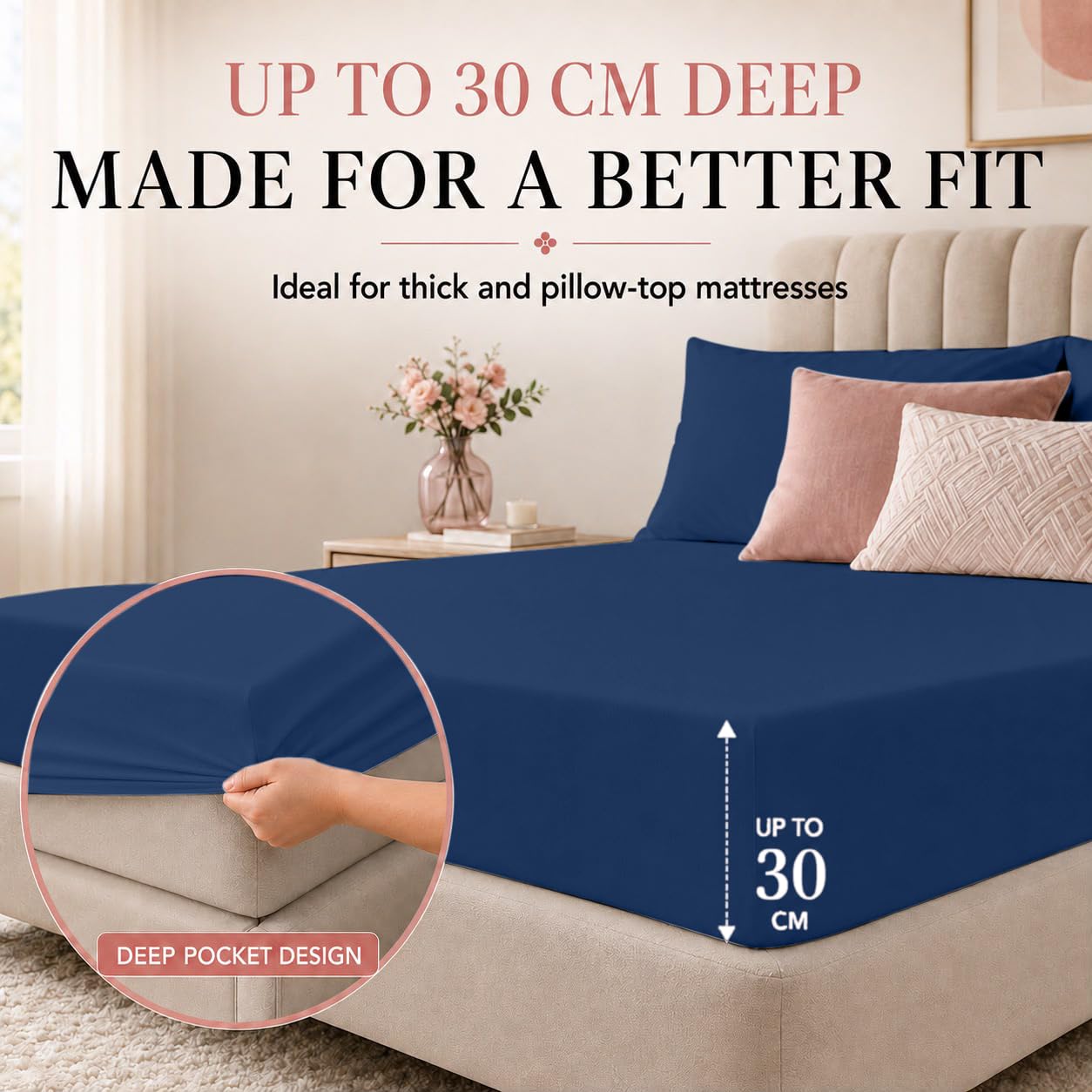 2 Pack King Microfibre Fitted Sheets 30cm Deep Bed Sheets, Navy Blue - Image 5