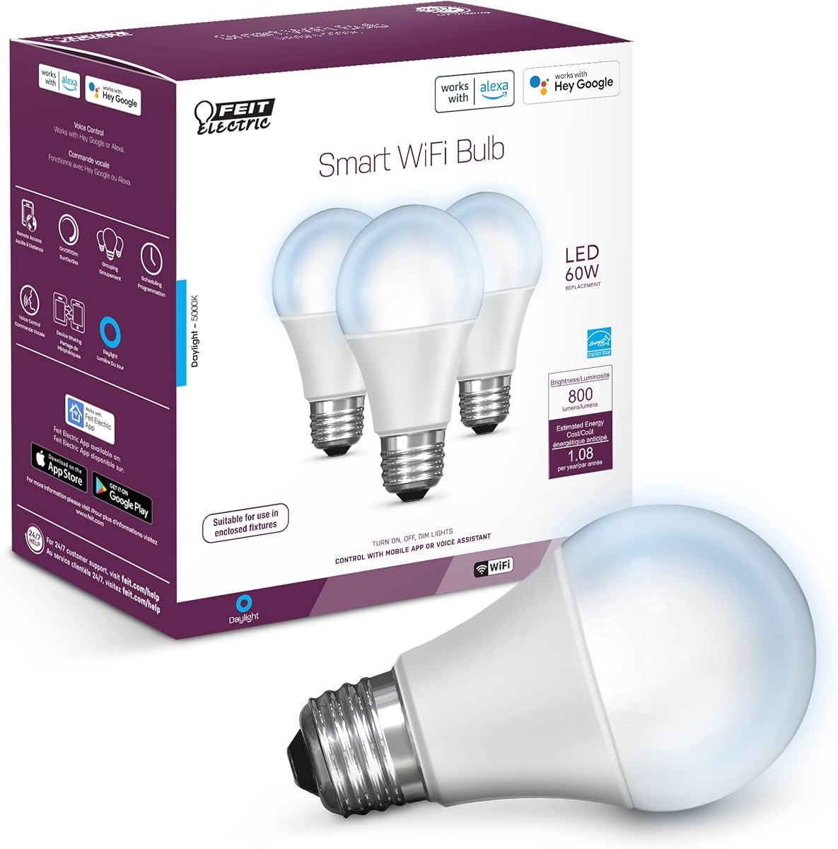 A19 LED Smart LED Light Bulb, 60W Eq, Daylight White, 3 Pack | 60W equivalent, Wi-Fi dimming, no hub required, Alexa and Google compatible