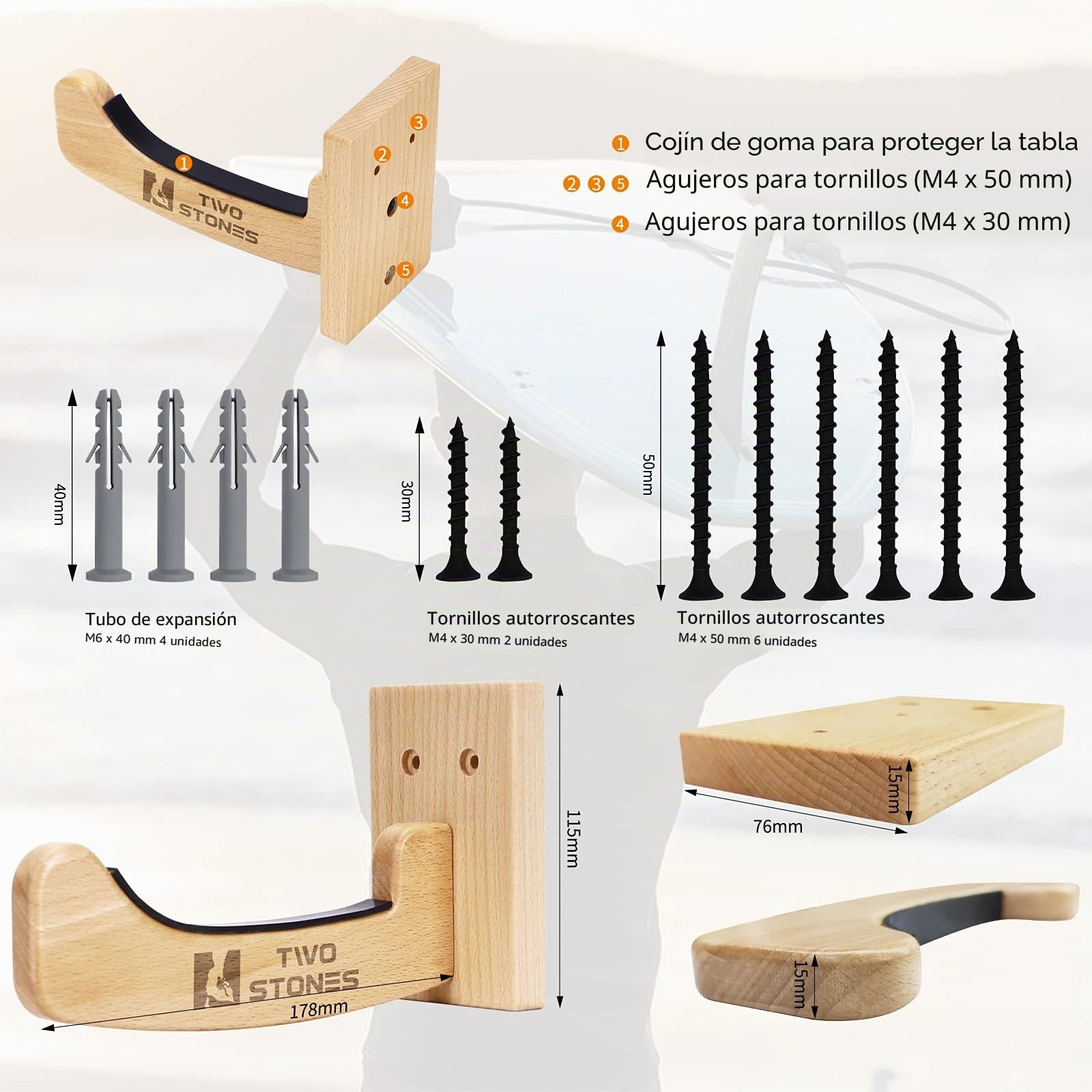 Two Stones Colgador de Pared para Tablas largas y Cortas, Interior y Exterior