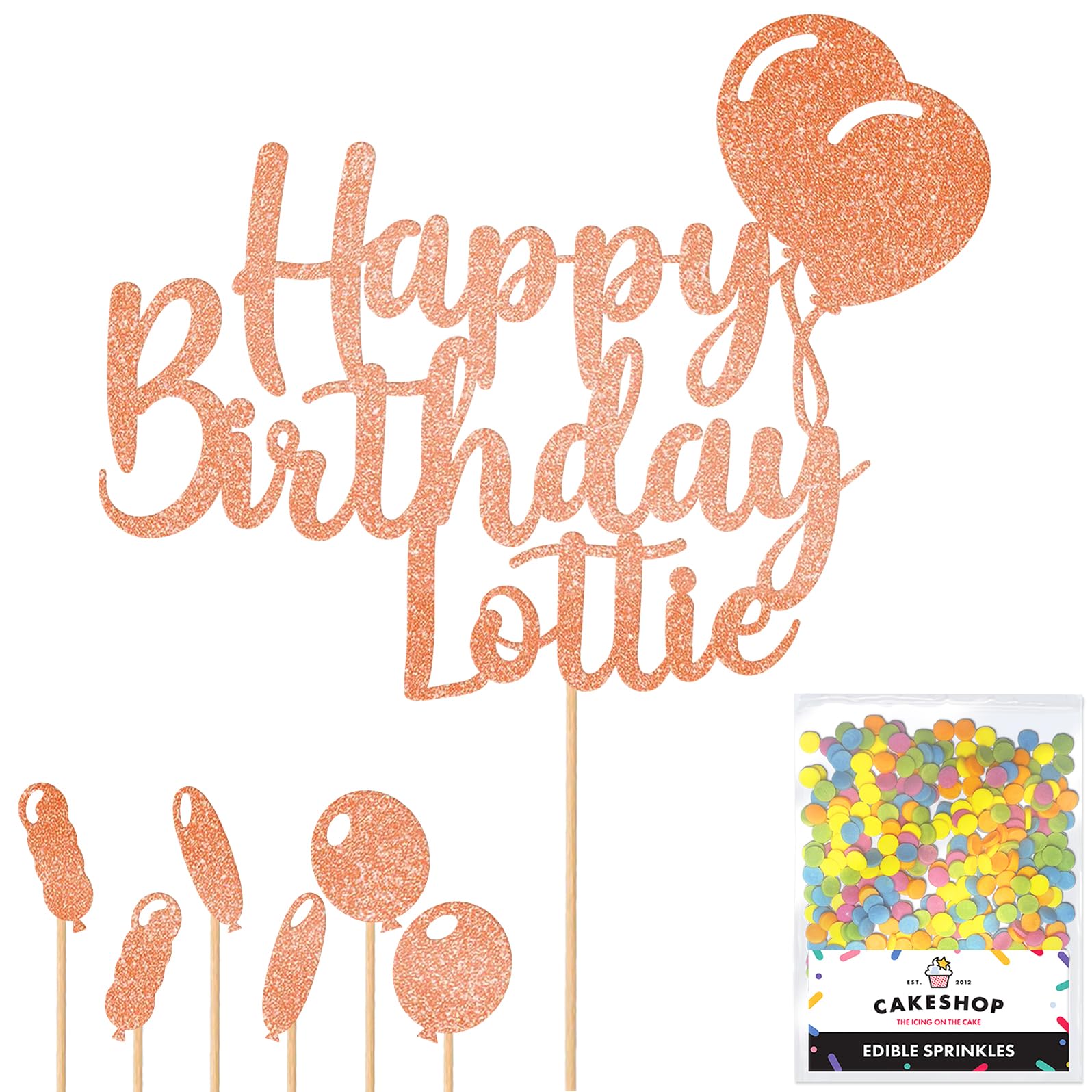 Personalised Happy Birthday Glitter Cake Topper with Balloons - Rose Gold Any Name Glitter Cake Decoration and Sprinkles - Happy Birthday Decorations - Personalised Toppers for Cakes by Cakeshop