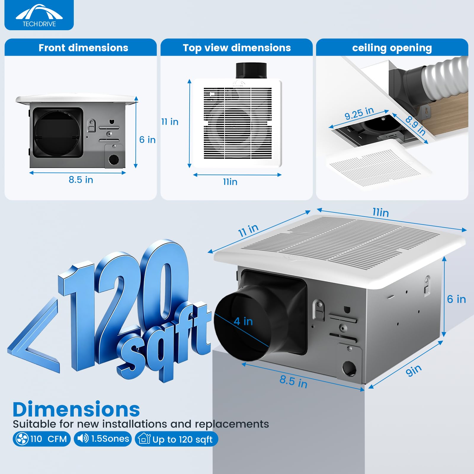 Tech Drive Ventilatore da bagno 110 CFM, 1.2Sone Nessun accesso alla soffitta Necessario Installazione, Ventilazione del bagno molto silenziosa e ventilatore di scarico, Ventilatore montato a