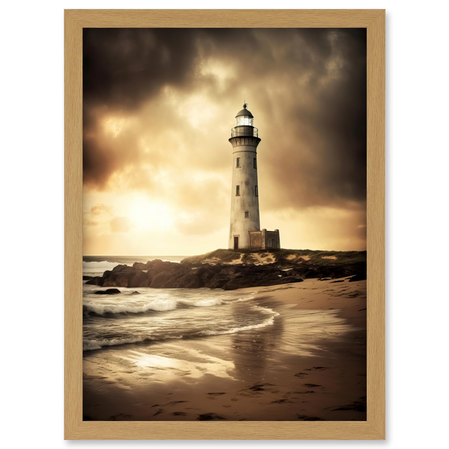 Artery8 Atmospheric Lighthouse Photo Beach Sepia Photograph Atmospheric Sunset Seascape Artwork Framed Wall Art Print A4