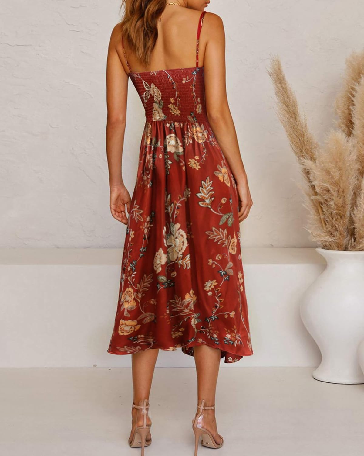 Fashionme Women Spaghetti Strap Midi Satin Dresses Tie Front Backless Slit Cutout Dress Semi-Formal/Casual Flowy Lightweight - Image 5