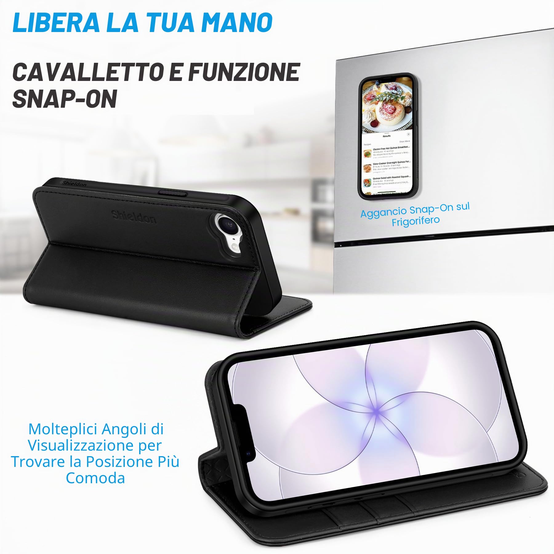 SHIELDON Cover in Vera Pelle per iPhone 16e/17e 6,1" 5G 2026, Nero | Blocco RFID, Portafoglio Magnetico 2 in 1, Ricarica Wireless, Cavalletto, Flip Rimovibile, Porta Carte, Custodia a Libro