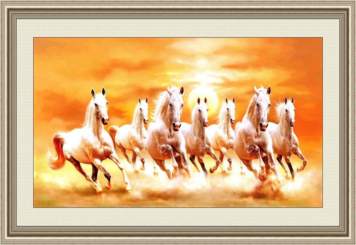 Shine India Beautiful Artistic Painting of White 7 Horses in Right Direction with Frame Paintings on Canvas (Orange Base)