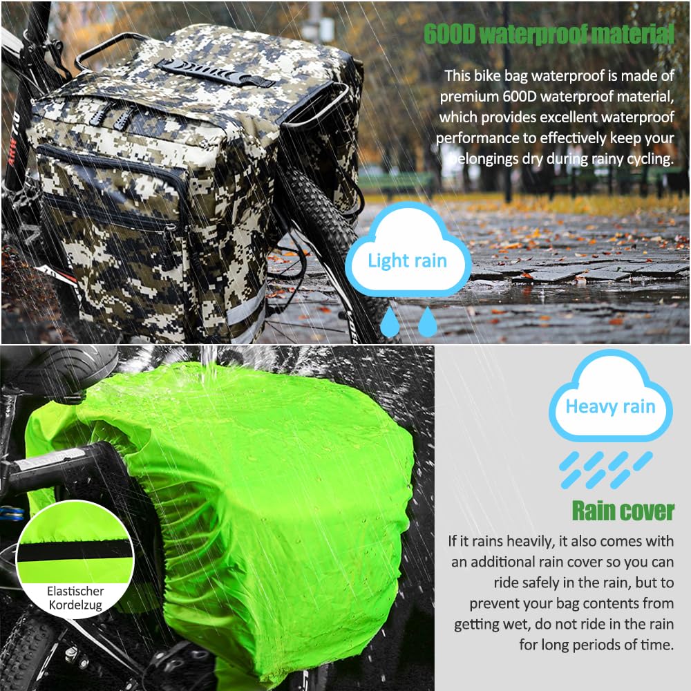 KLERICER Double Bike Pannier Bag, 30L Waterproof Bicycle Trunk Bag with Rain Cover, Bike Panniers Rear Rack Bag with Reflective Stripe, Multi Pockets Saddle Bags for Bicycle (Camouflage)