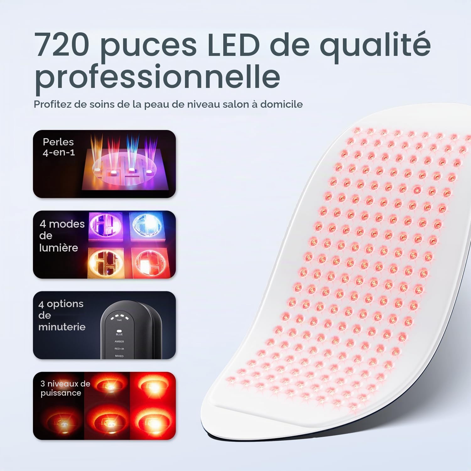 Thérapie par lumière rouge approuvée par la FDA pour le visage, 4 modes, masque de thérapie par lumière photonique LED, masque de thérapie par lumière bleue, rouge et proche infrarouge, masque de