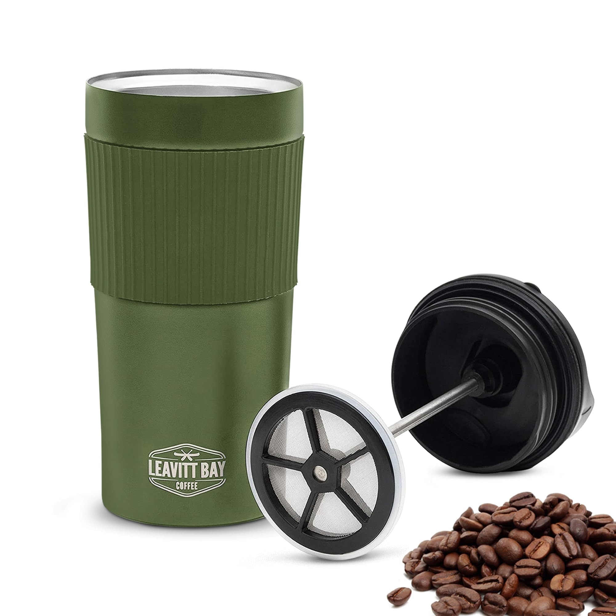 Travel French Press Mug (15oz) - Stainless Steel & Double Wall Vacuum Army Green Coffee Maker – Single Serve French Press for Travel, Home, Office, & More - Tea Press Tumbler