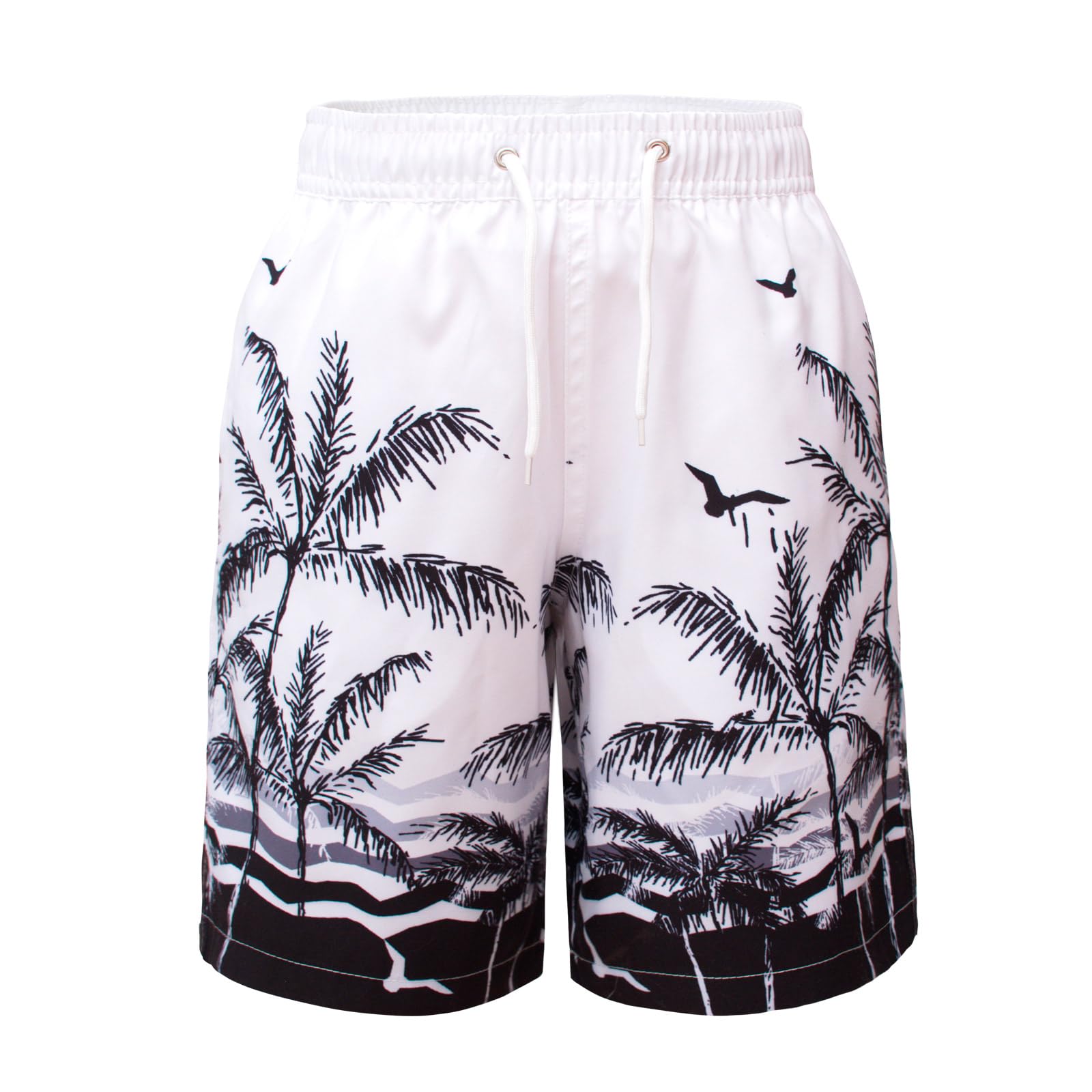 Hill & Sea Badehose Jungen Schnelltrocknend Boardshorts Atmungsaktiv Wasserabweisend Badeshorts mit Mesh-Futter Taschen und Verstellbarem Tunnelzug Weiß Schwarz Baum 140
