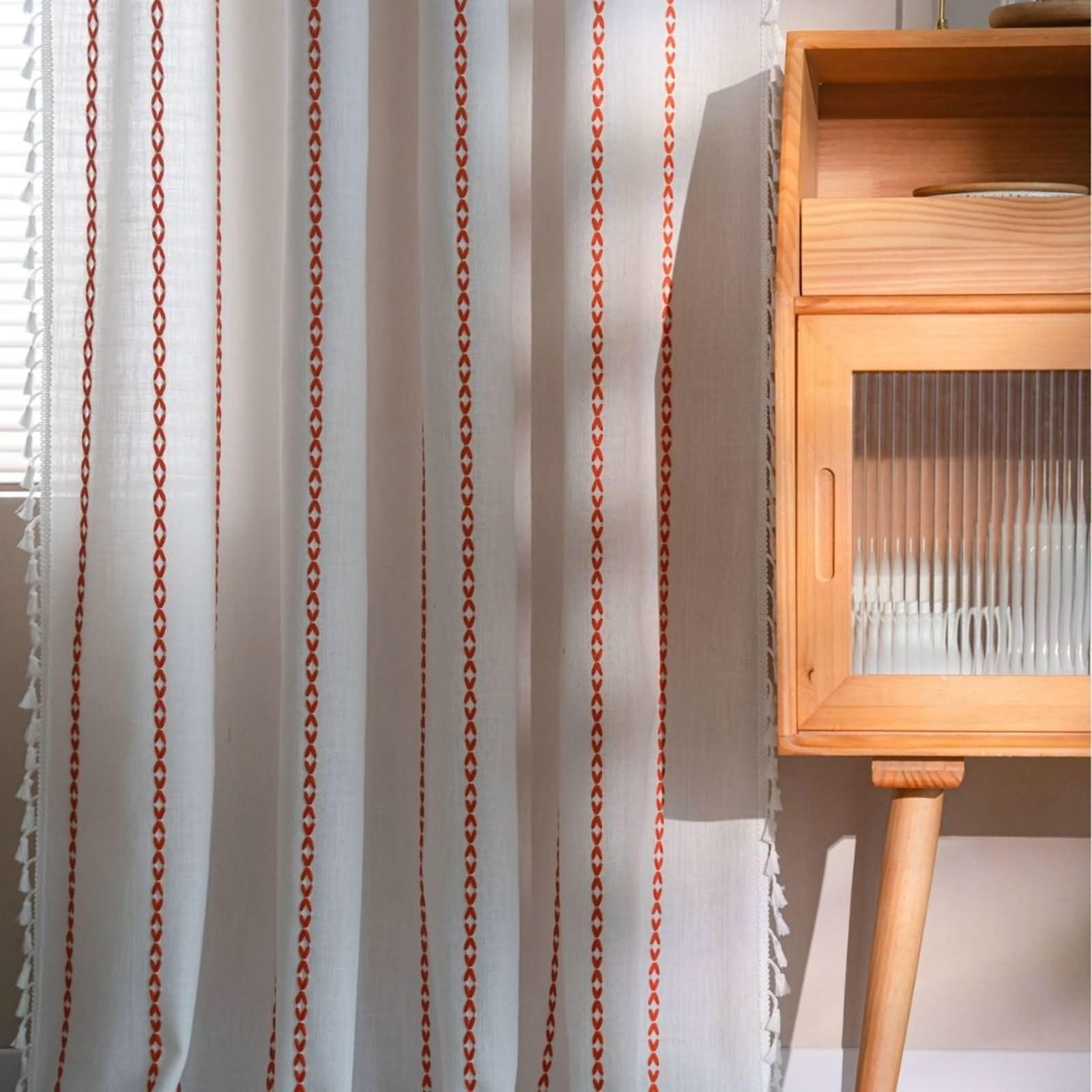 Homxi Curtain Semi Blackout Bedroom 2 Panels Set,2 x 52W x 118H inch,Drapes Orange White Stripes Embroidery with Tassels Curtains for Bedroom for Hooks