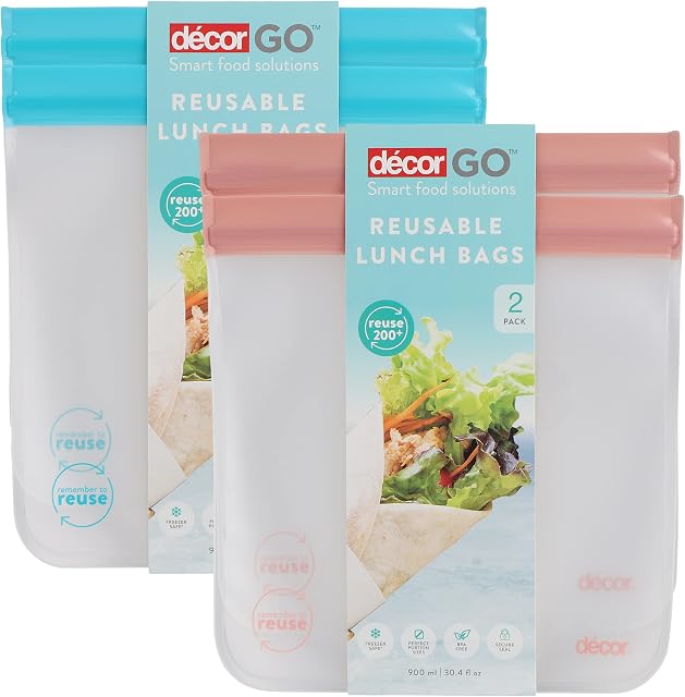 Décor Reusable Large Food Storage Bags | Leakproof Freezer Bags for Snack, Fruit & Veg Ideal for Lunch & Travel | Blue/Pink - 2 Pack