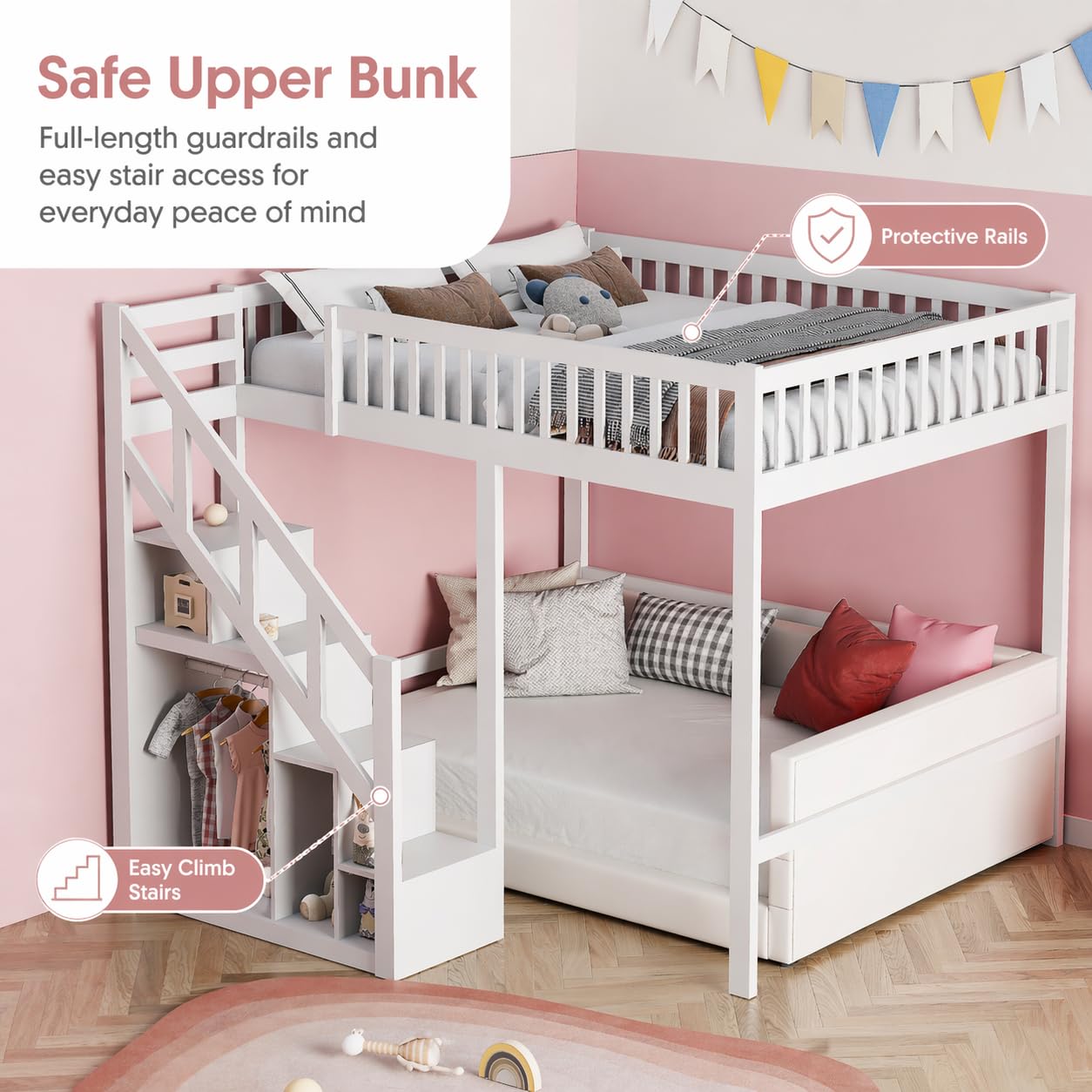 Etagenbett 90x200, Massivholz-Kinderbett mit Sicherheitstreppe & Aufbewahrungsschrank, Platzsparendes Jugendbett mit Lattenrost, Mehrzweck-Spielbett für Kinderzimmer Weiß (90x200cm)