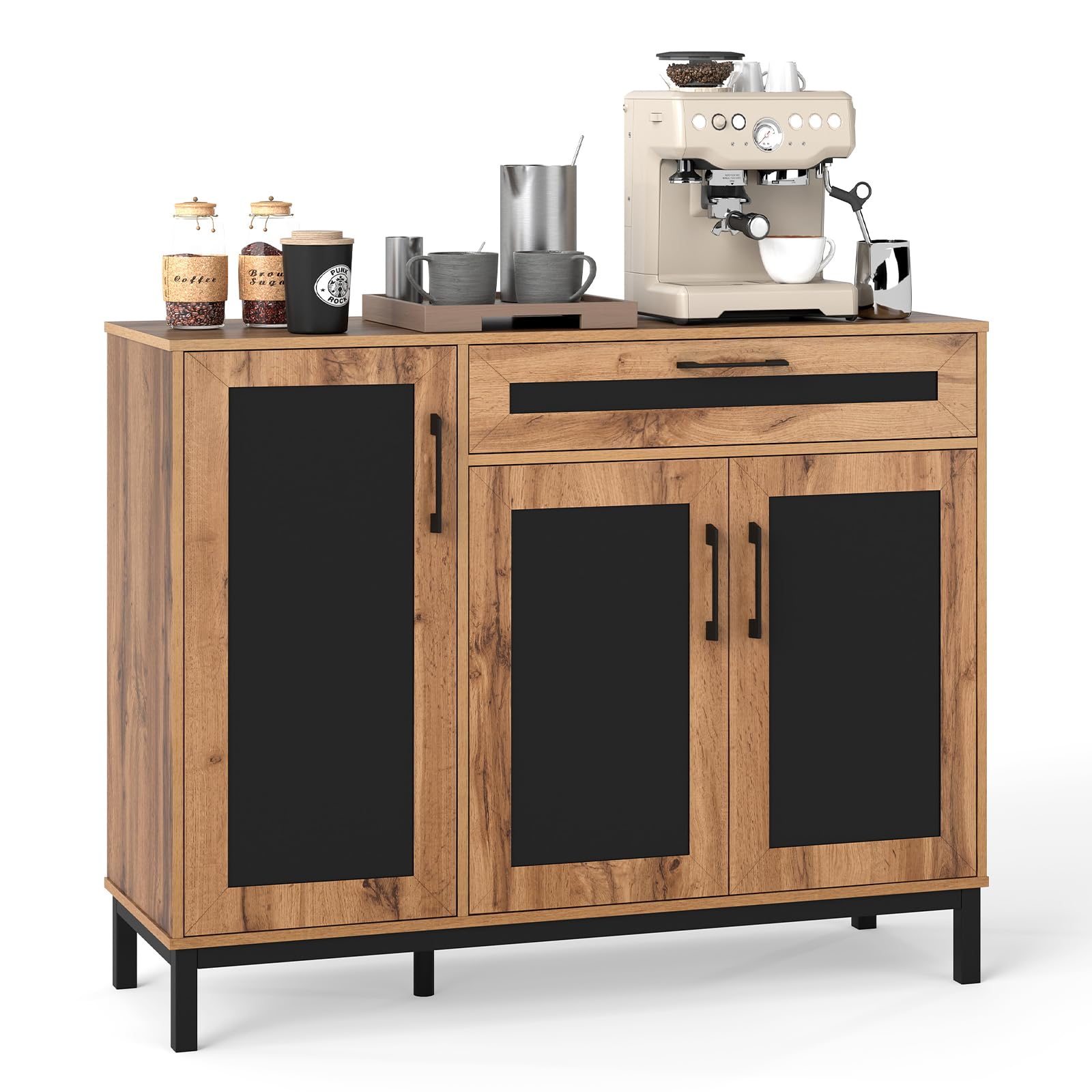 COSTWAY Sideboard Holz, Küchenschrank mit Schublade, 3 Türen, herausnehmbaren Regalen, 120 x 41 cm Arbeitsfläche, Buffetschrank für Küche, Esszimmer, Aufbewahrungsschrank, Natur + Schwarz