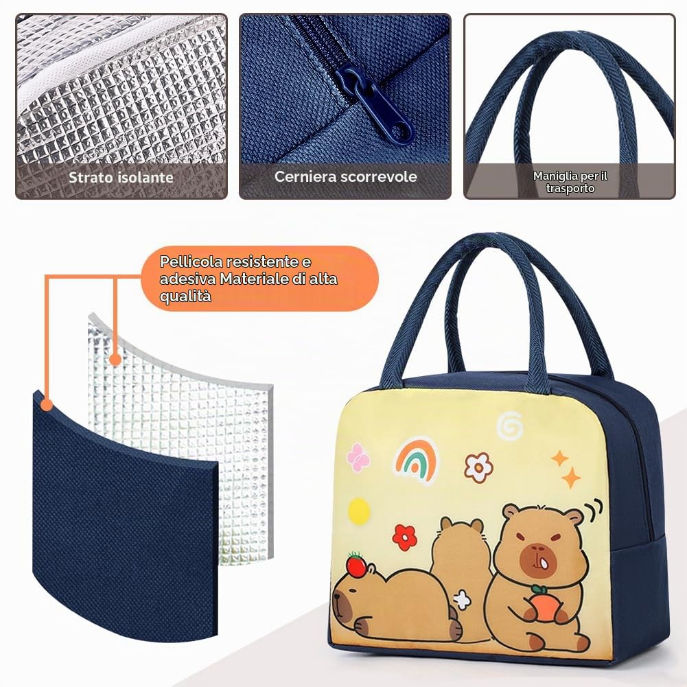 Capybara Borsa Porta Pranzo Cartoni Animati Scatola Pranzo con Scomparti e Posate Portatile Design Sicurezza Forno Microonde Impermeabile per Bambini Lavoro Scuola Ufficio