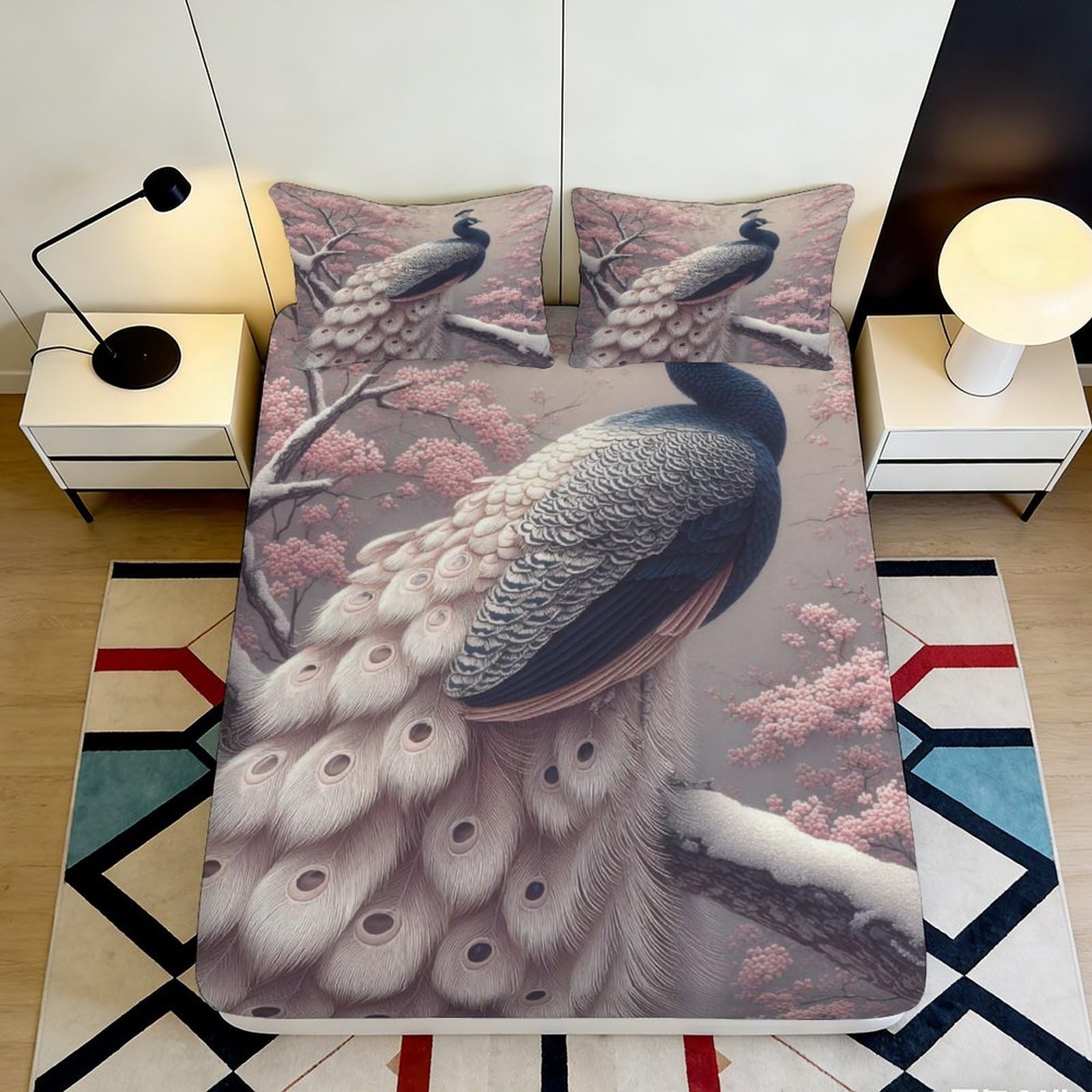 3D Printed Elegant Peacock Blossom Fitted Sheet Microfiber Anti-Slip Mattress Cover Machine Washable Bedroom Decor 90x200x25cm
