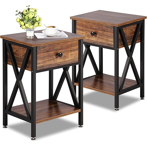 VECELO Modern Versatile X-Design Side End Table Nightstand Storage Shelf with Drawer for Living Room Bedroom, Set of 2 (Brown), Endtable 2 Set