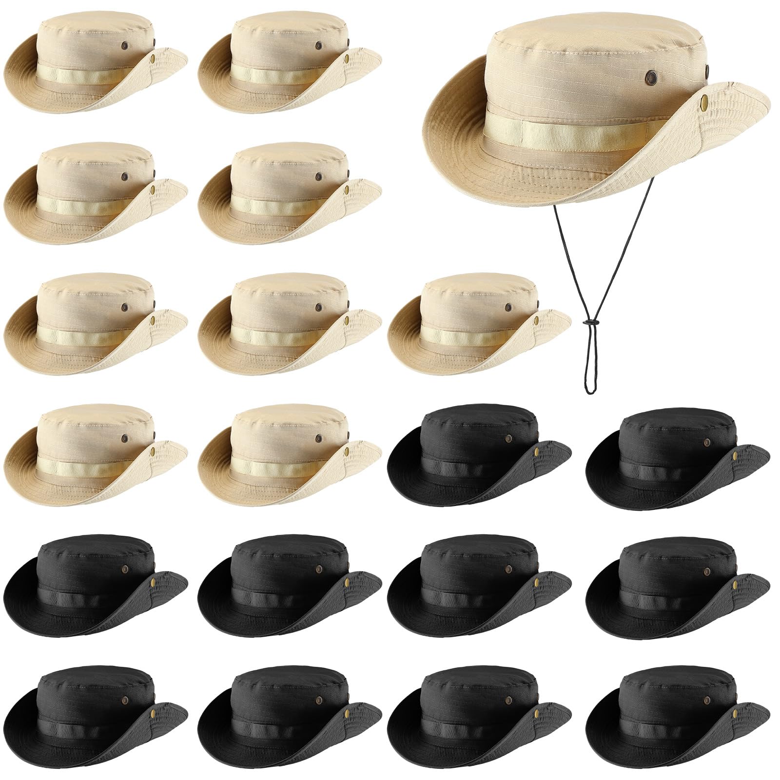 Xtinmee 20 Pcs Boonie Hat Bulk Wide Brim Hat Safari Hats Summer Outdoor Sun Hat for Hiking Camping with Adjustable Strap, Black, Khaki, One size โ image 1