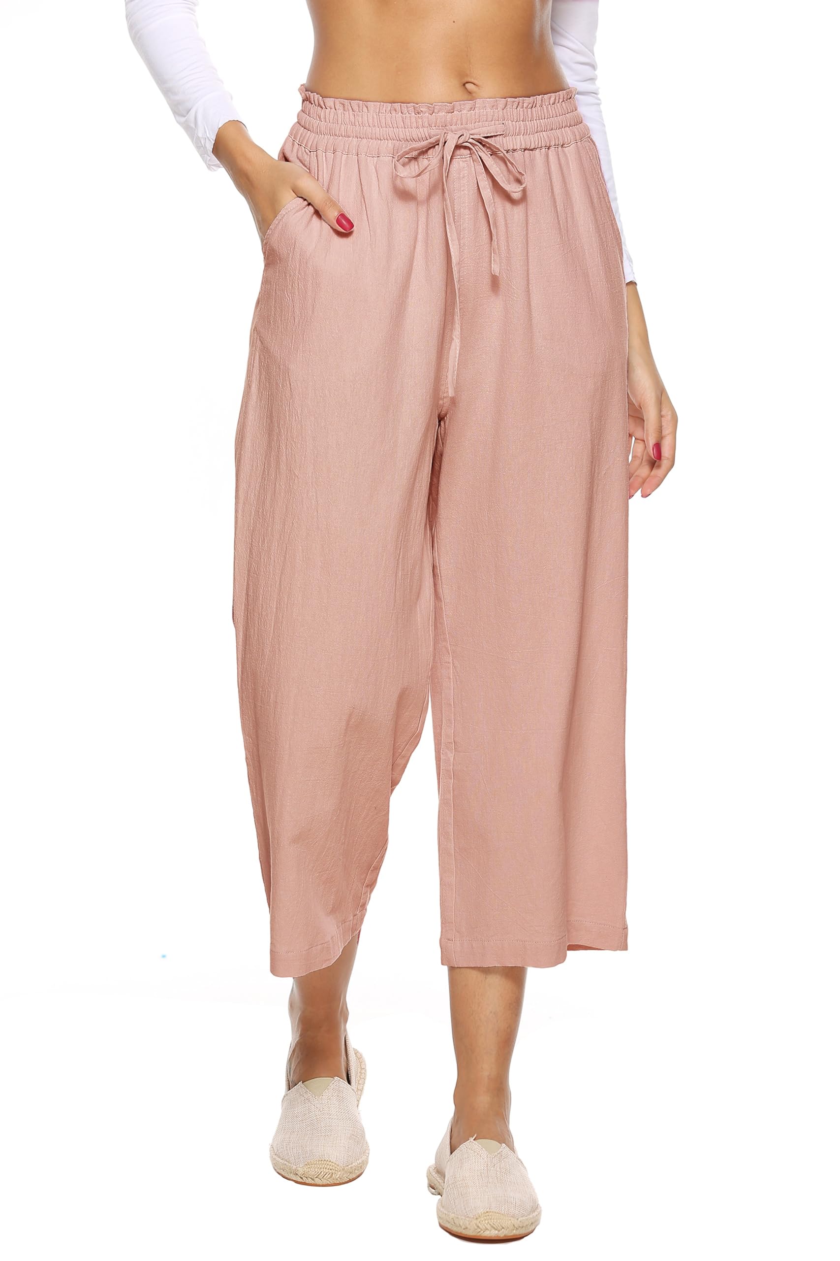 LNX Womens Linen Pants High Waisted Wide Leg Drawstring Casual Loose Trousers with Pockets