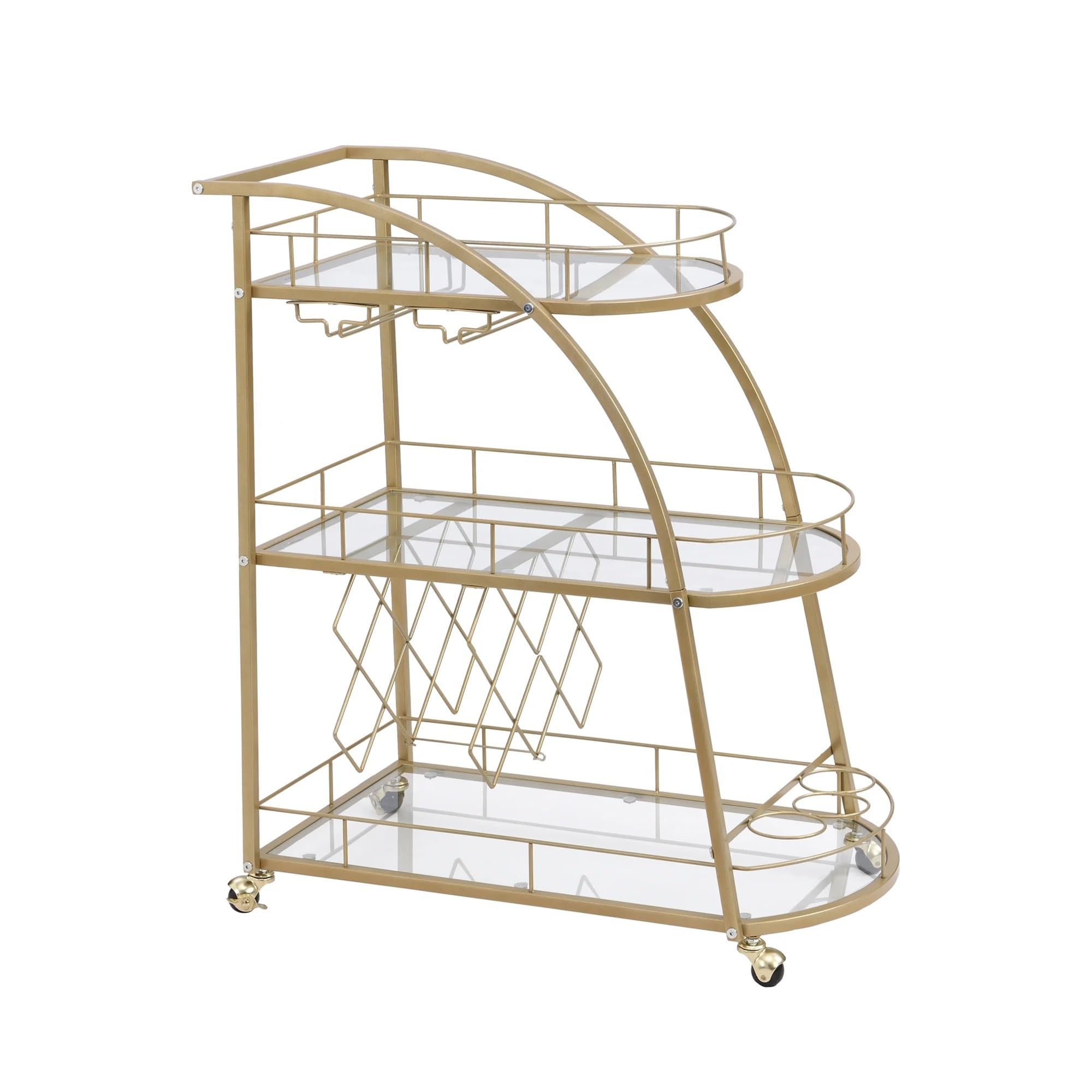 FZL02068LM Serving Trolleys Golden Mobile Bar Cart,Serving Wine with Wheels,3-Tier Rolling Storage for Kitchen Room,Dining,Bathroom Organization