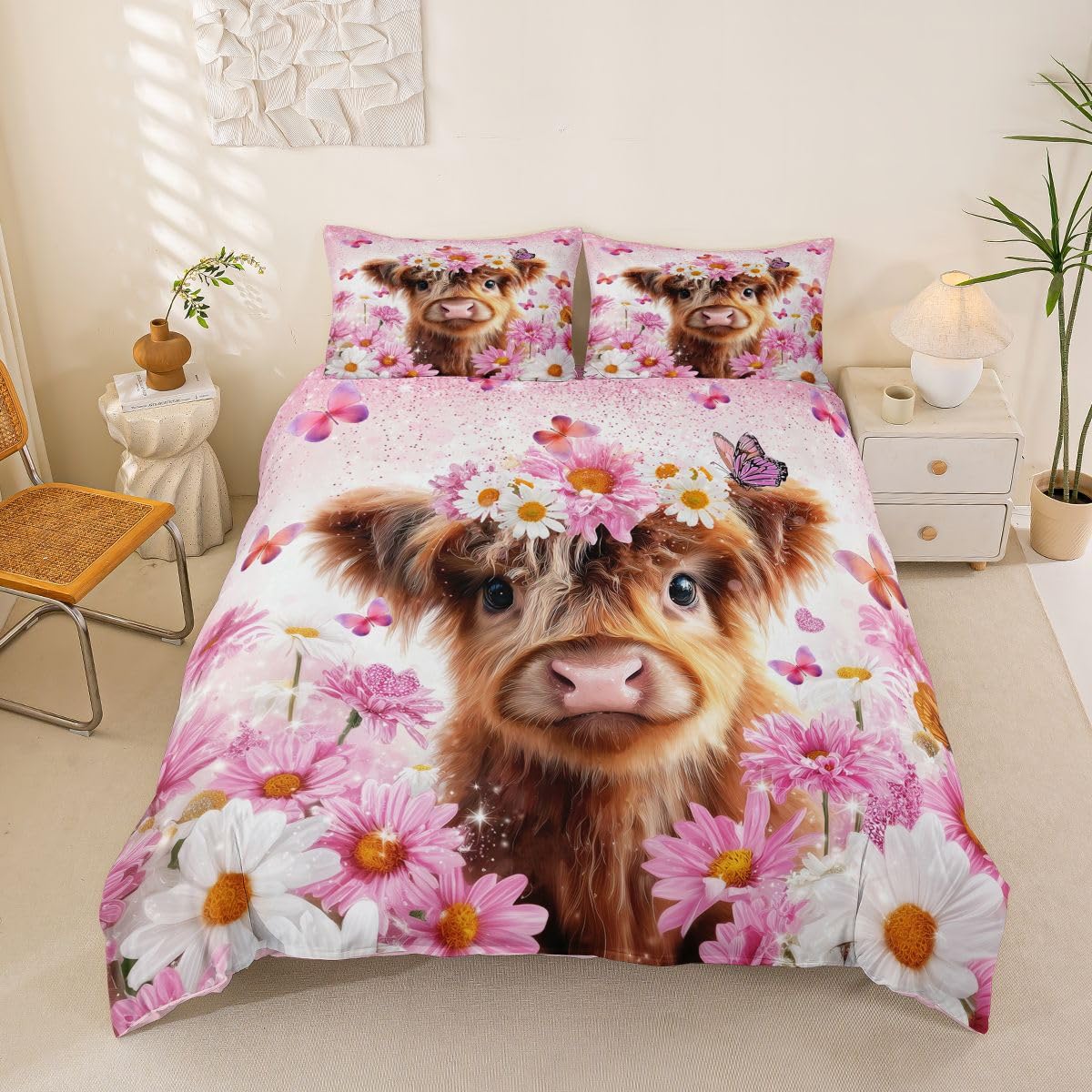 Homemissing Cute Pink Highland Cow Duvet Cover Set Cot Size Butterfly Flower Duvet Cover with 1 Pillowcase for Boys Girls Funny Animal Bedding Set Room Decor โ image 1