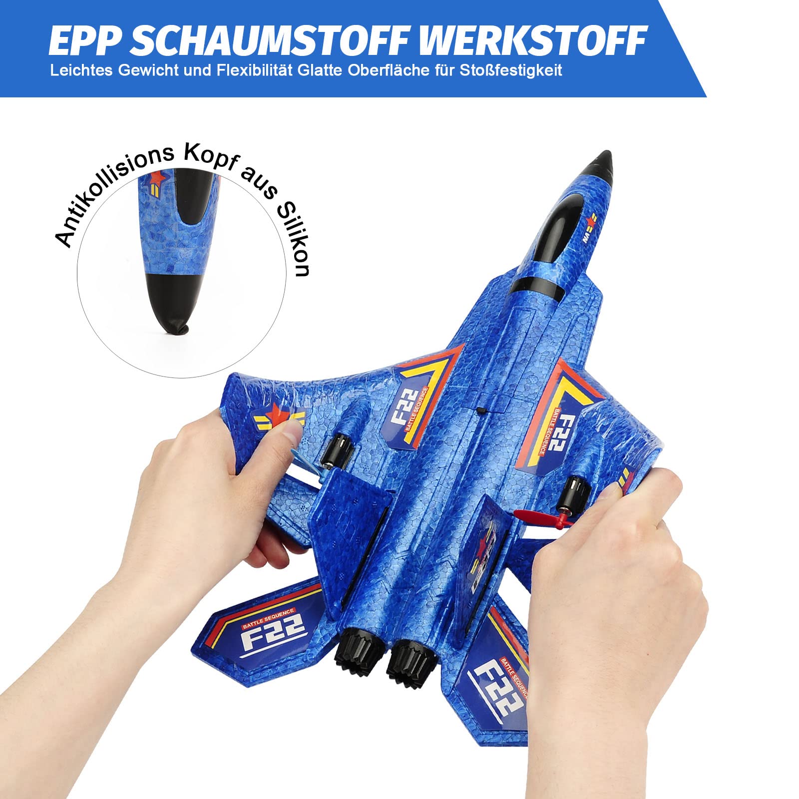 Fremego F-22 RC Flugzeug, 2.4Ghz Ferngesteuertes Flugzeug Raptor Fighter Flugzeug Modell Spielzeug mit 6 Axis Gyro System für Anfänger Kinder Erwachsene (F22Blau)