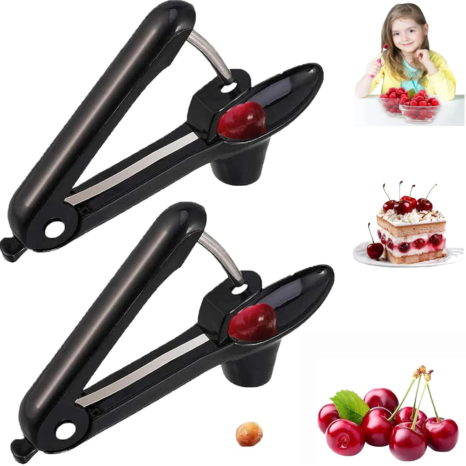 2 Pièces Denoyauteur Cerise, Denoyauteur Olives en Acier Inoxydable, Dénoyauteur Manuel Multifonctionnel Cherry Corer pour Faire la Cerises Confiture,Cuisine (Noir)