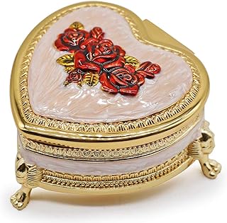 HOLLY TRIP Classic Vintage Heart Shape Metal Jewelry Box Ring Trinket Storage Organizer Chest Christmas Gift, Gold & Red