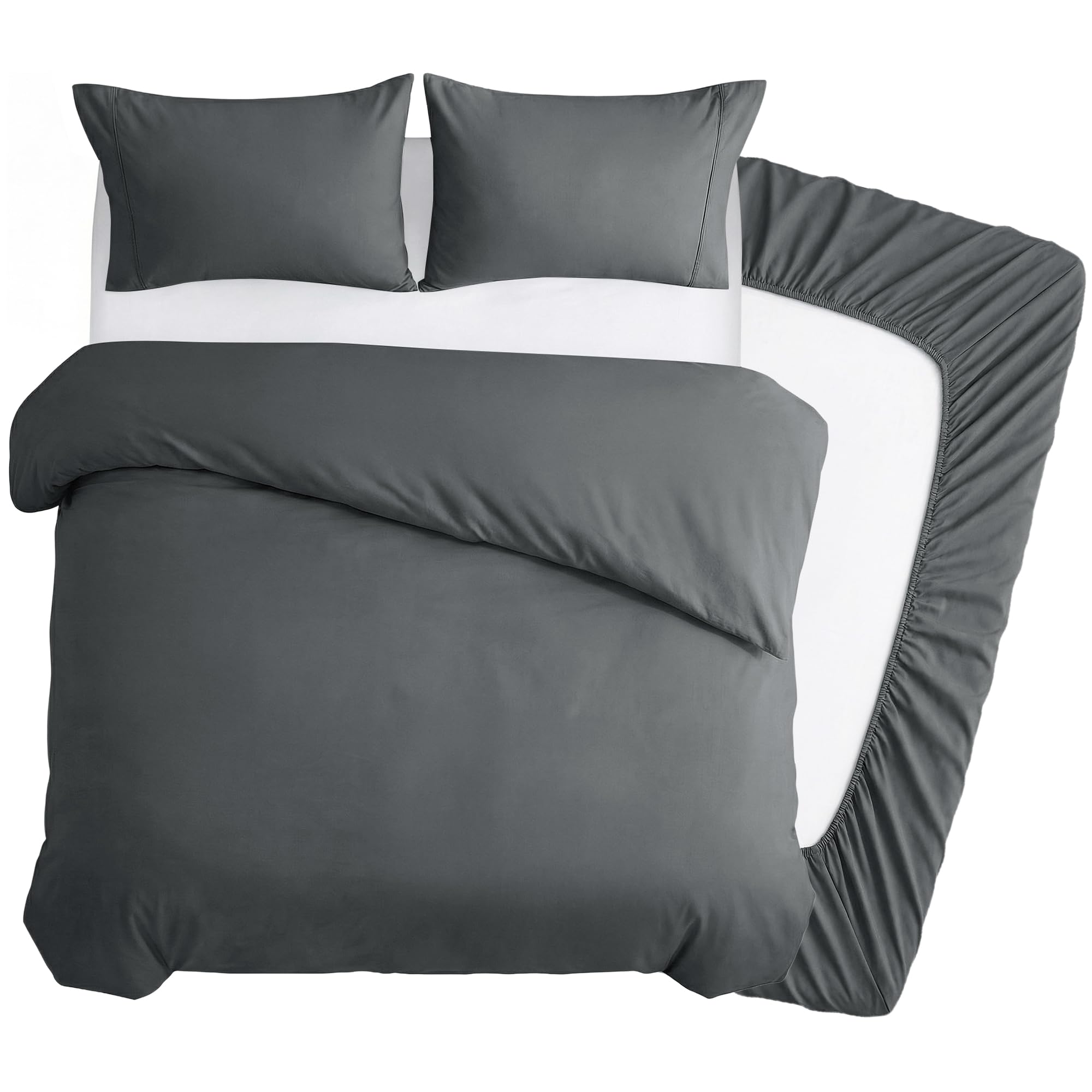 Deconovo 4 Piece King Size Duvet Cover Sets, Brushed Microfibre Bedding Sets King Size with 35cm Deep Fitted Sheet and 2 Pillowcases, Soft Bed Sheets for King Size Bed - Grey
