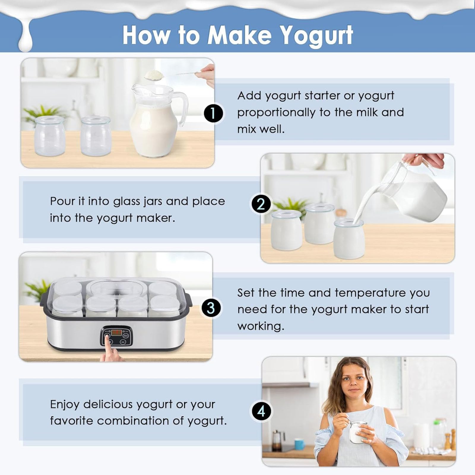 Yaourtière De 1400 Ml, Avec 8 Pots En Verre De 170 G, Écran LED, Température Et Minuterie Réglables, Pour La Fabrication De Yaourts Bio, De Natto Et Pour Un Usage Commercial.,A