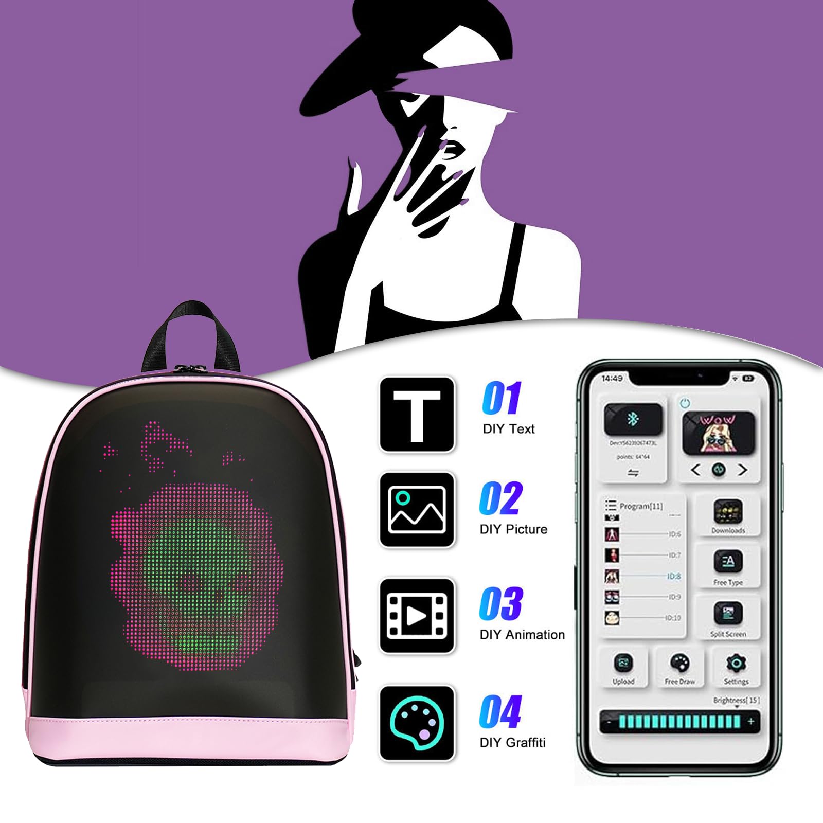 Crelander LED Rucksack, 12 Zoll Laptop Rucksack mit programmierbarem Bildschirm