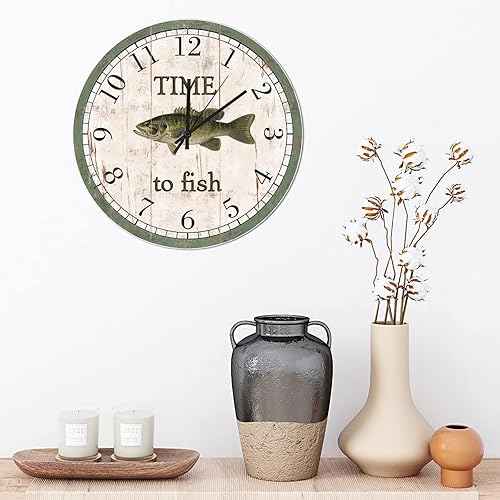 Miniatura 3 de ArogGeld Time to Fish - Reloj de pared de madera, 10 pulgadas, cuarzo silencioso, estilo cabaña de playa, funciona con pilas