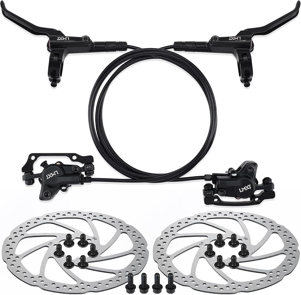 TOBWOLF MTB Hydraulic Disc Brake Kit, Dual Piston Calipers 160mm Rotors | Complete Front & Rear Hydraulic Brake System | Left Front 85cm & Right Rear 150cm Hose | Fits MTB and E-Bikes