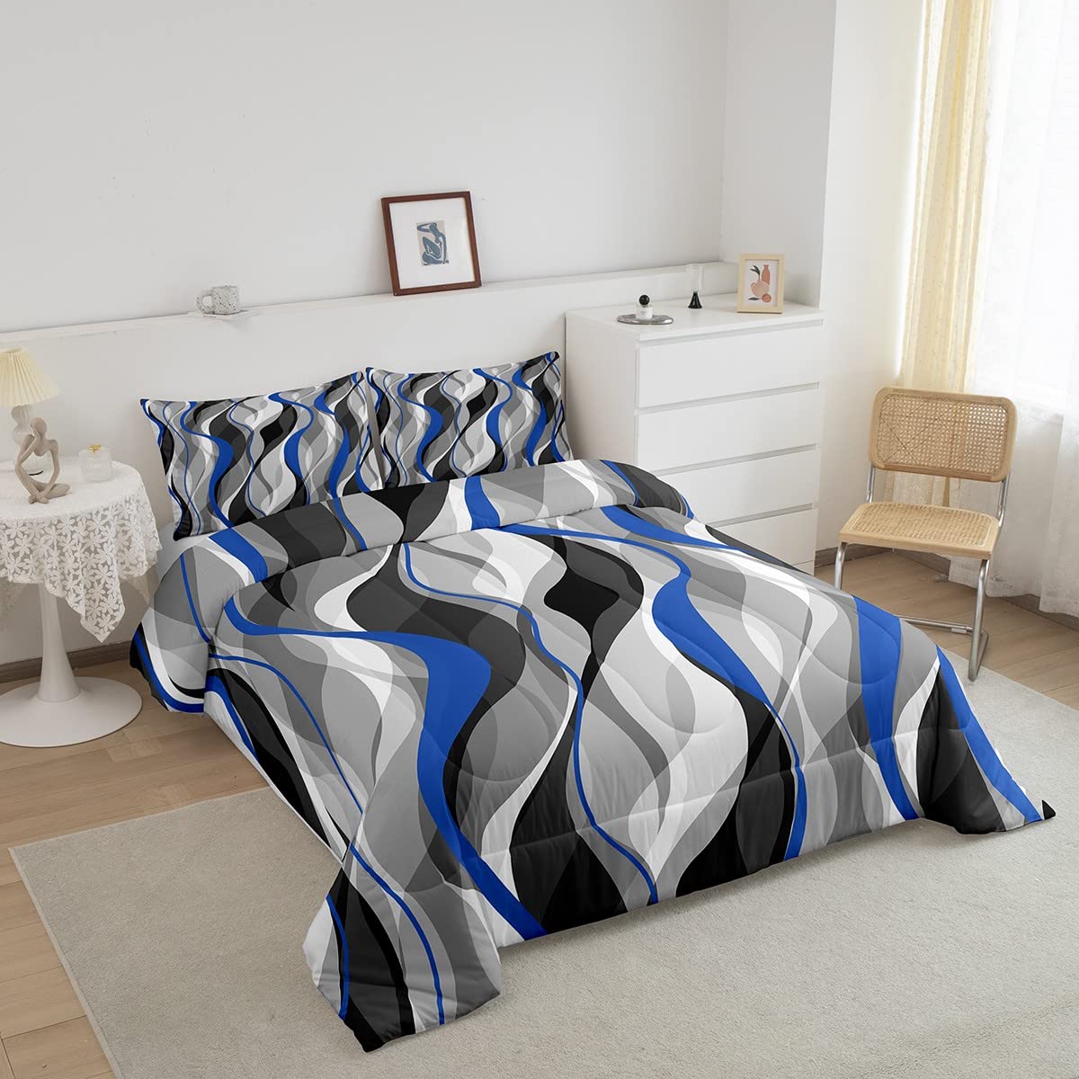 Blue Grey Black Stripes Comforter Set Full Size Kids Geometric Comforter for Boys Teens Geometry Bedding Set Modern Striped Art Abstract Art Duvet Set Room Decor Quilt Boys