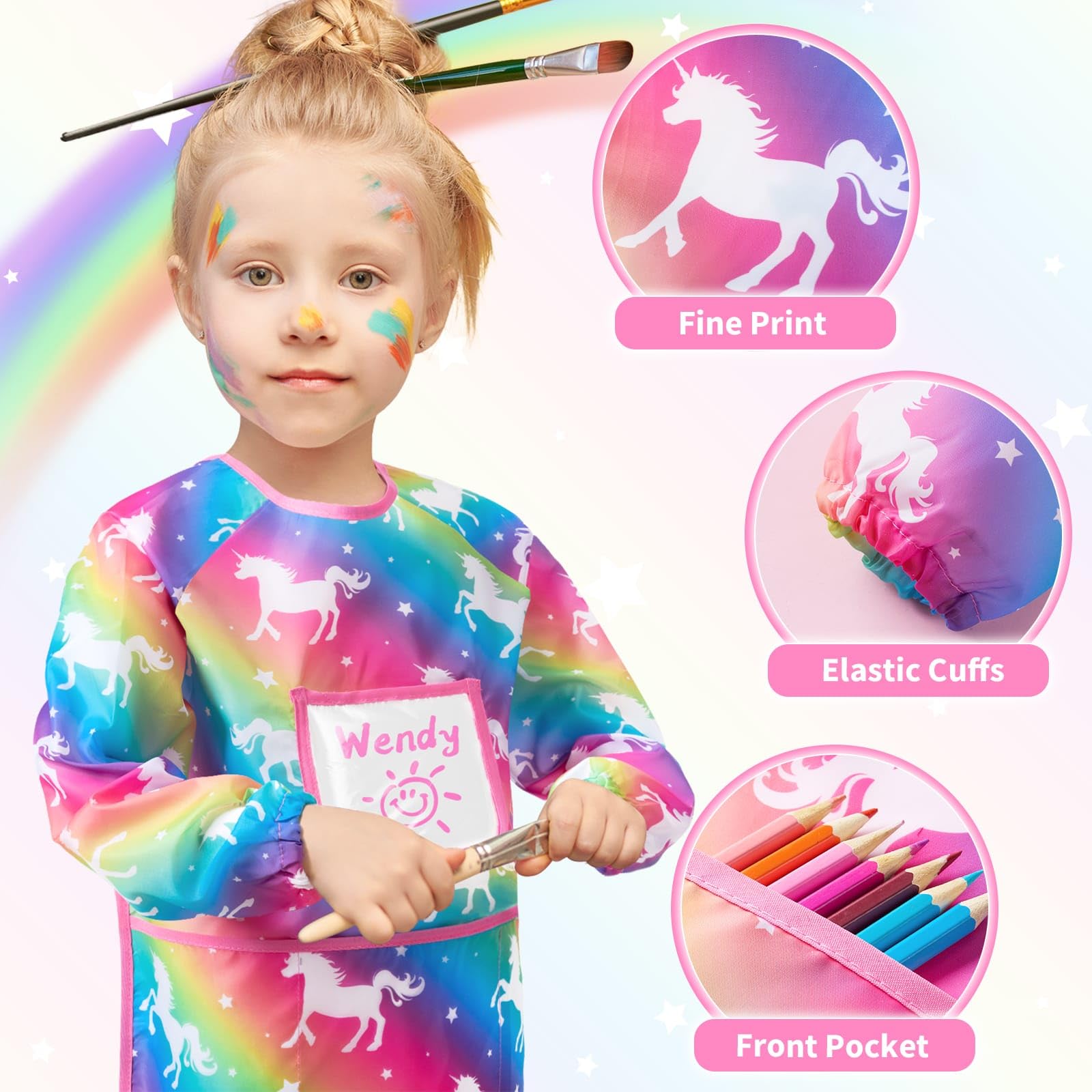 WERNNSAI Kids Art Smock, Unicorn Toddler Art Smock for Girl Art Essentials Kids Painting Apron - Image 2