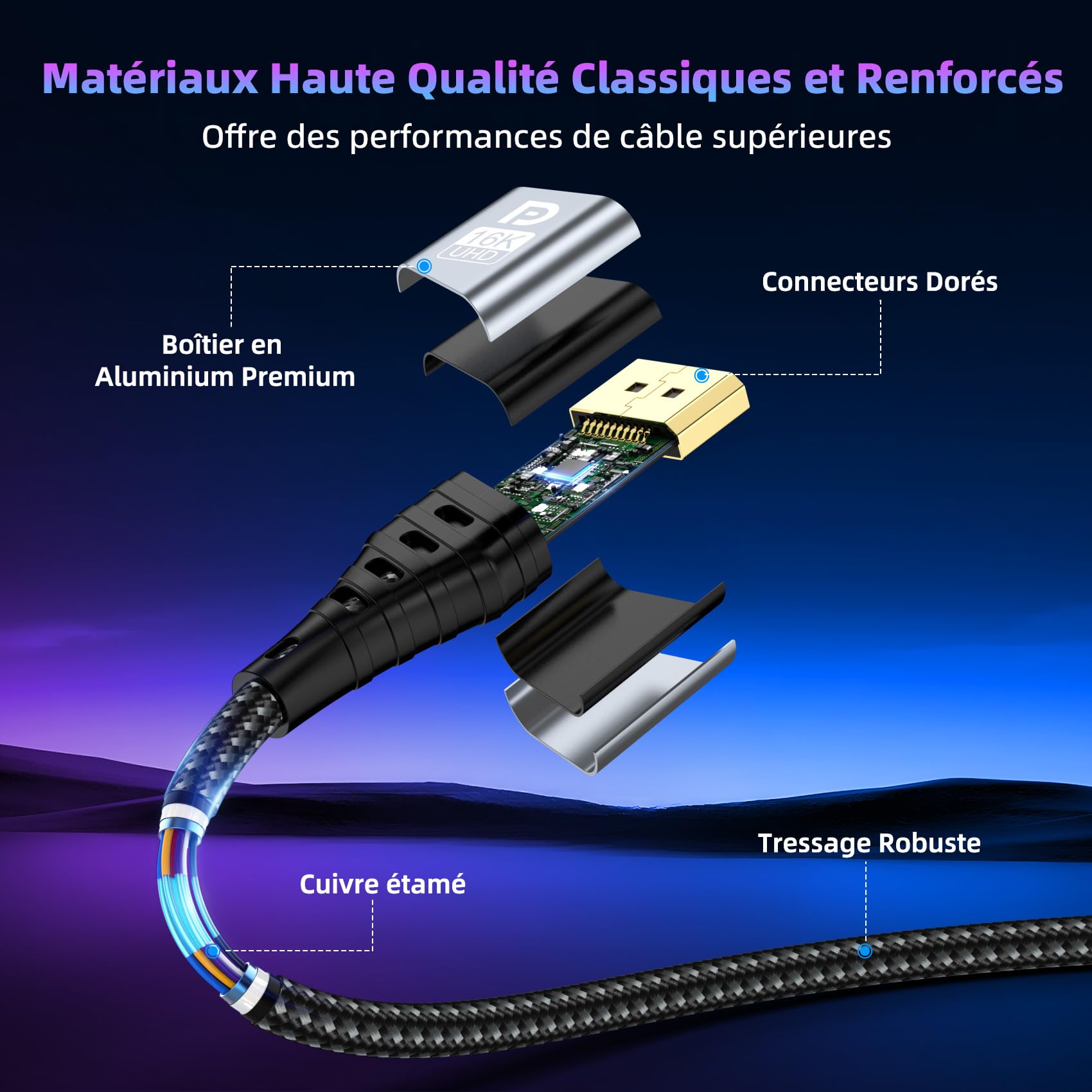 Câble DisplayPort 2m 2.1, 16K Câble DP 16K@60Hz, 8K@120Hz, 4K@240Hz/165Hz/144Hz 80Gbps, HDR, FreeSync, G-Sync, DSC 1.2a, HDCP 2.2 pour Moniteur de Jeu, Carte Graphique