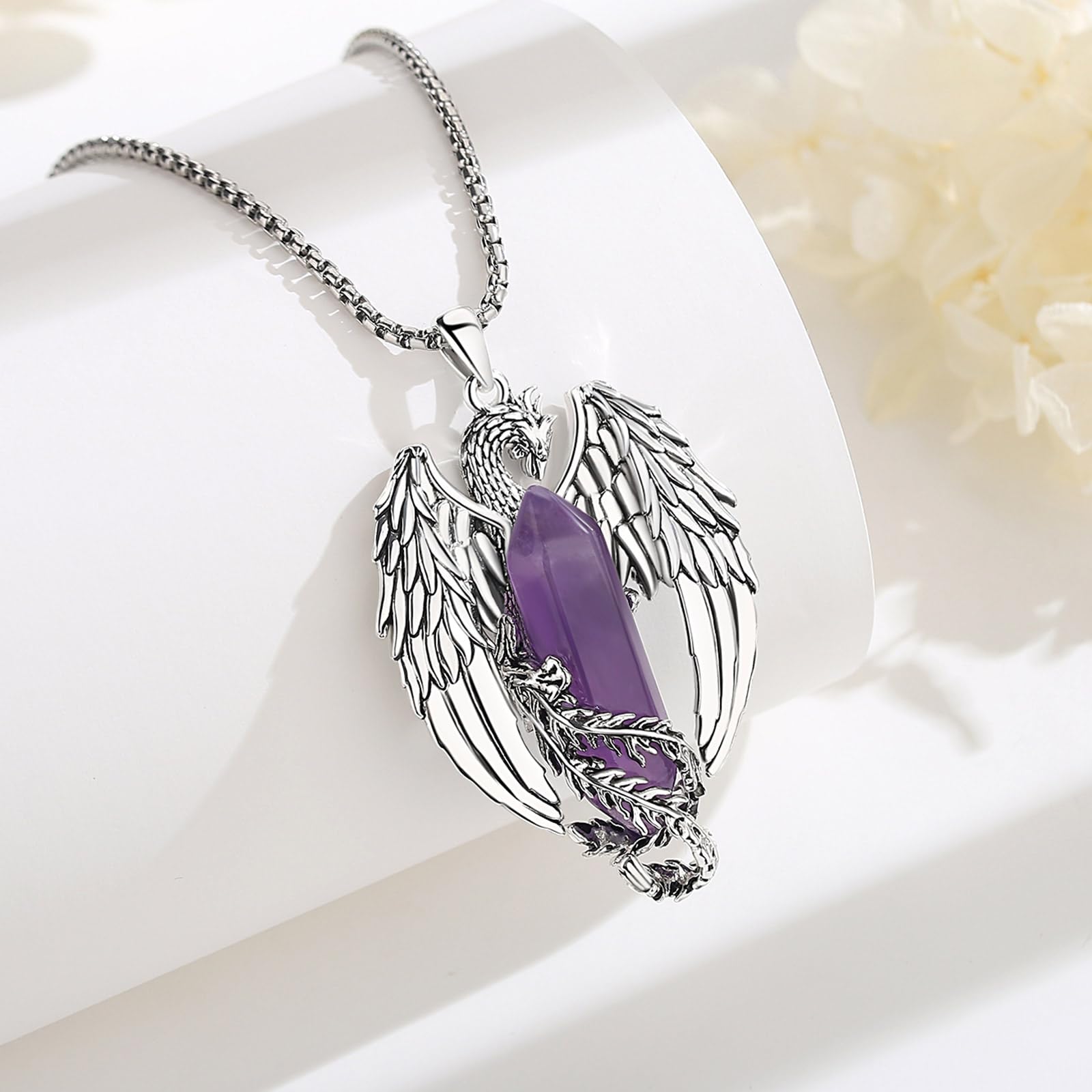 Collar Fénix con Obsidiana/Cuarzo Rosa/Turquesa Colgante Vintage Vikingo Fénix de Fuego Joyería Amuleto Cristal Collares Regalos Originales para Hombre Mujer, 20" + 2"