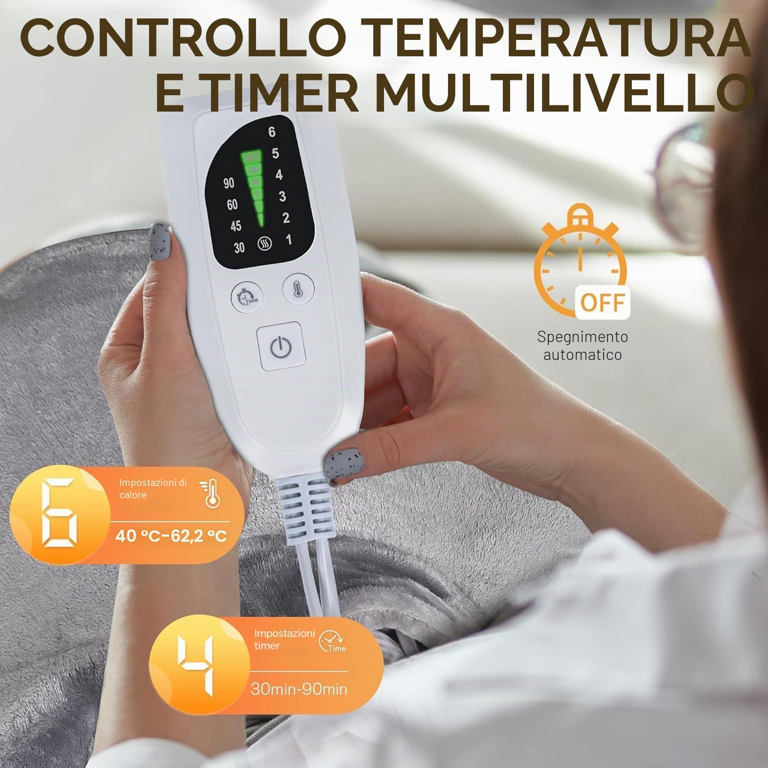 NALONE Termoforo Elettrico per Collo e Spalle 63x100cm, Cuscino Termico con 6 Livelli di Riscaldamento, 4 Timer, Cintura Regolabile, Scaldaschiena in Flanella