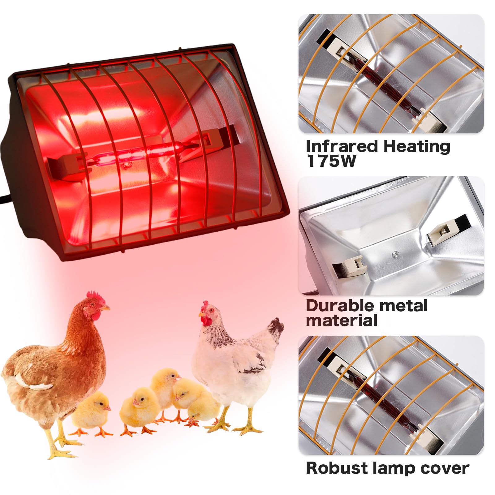 Rotlichtlampe Wärmelampe für Küken, 175W Heizlampe Hühnerstall Wärmelampe Tiere, Hühner Infrarot Heizstrahler mit Sparschalter, 1.8 meter Kabel, Dimmbare Heizplatte Lampenwärmer für Ferkel Welpen